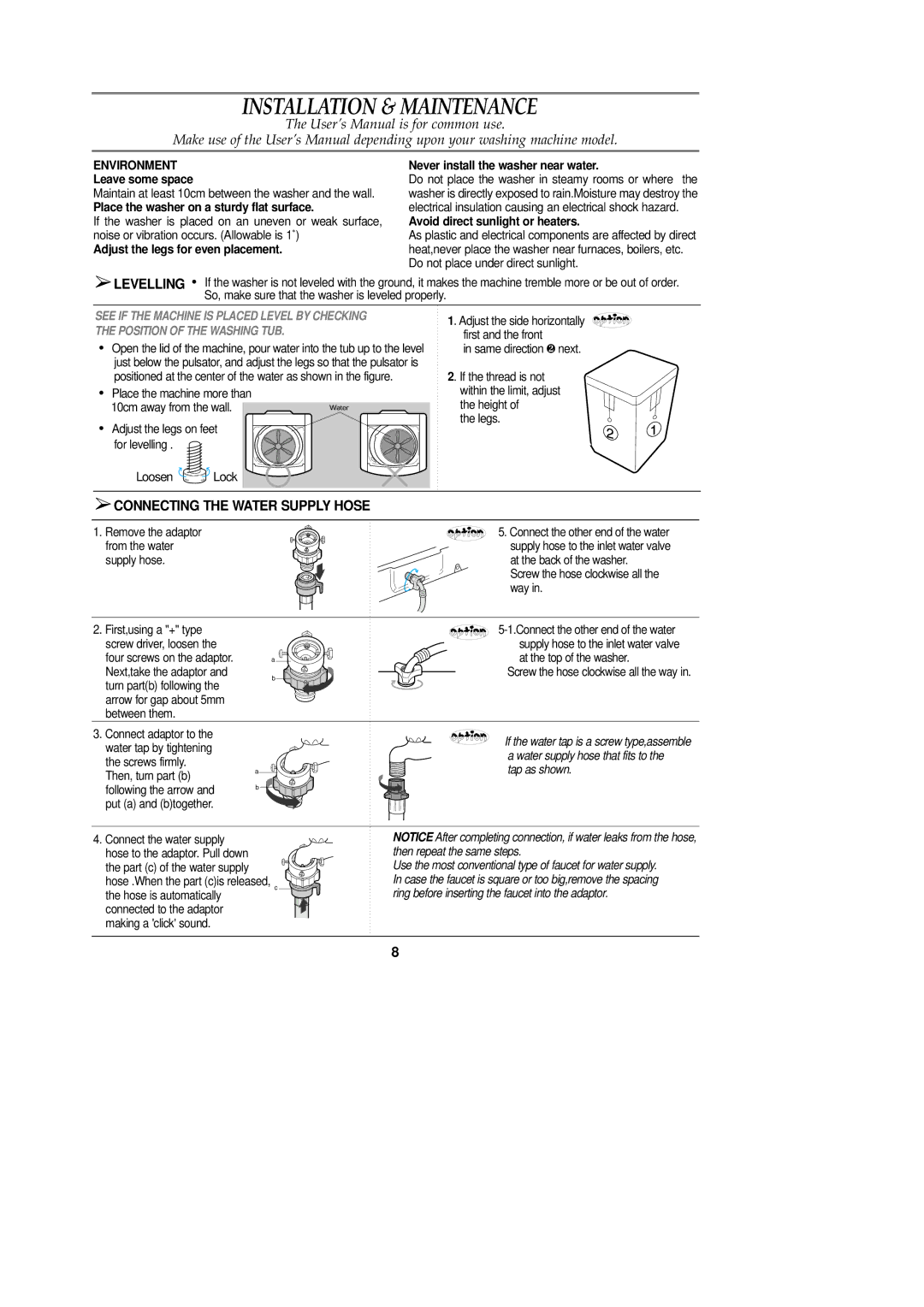 Samsung WA98F3VEC/XSV, WA90F3Q3DW/YL manual Installation & Maintenance, Connecting the Water Supply Hose, Environment 