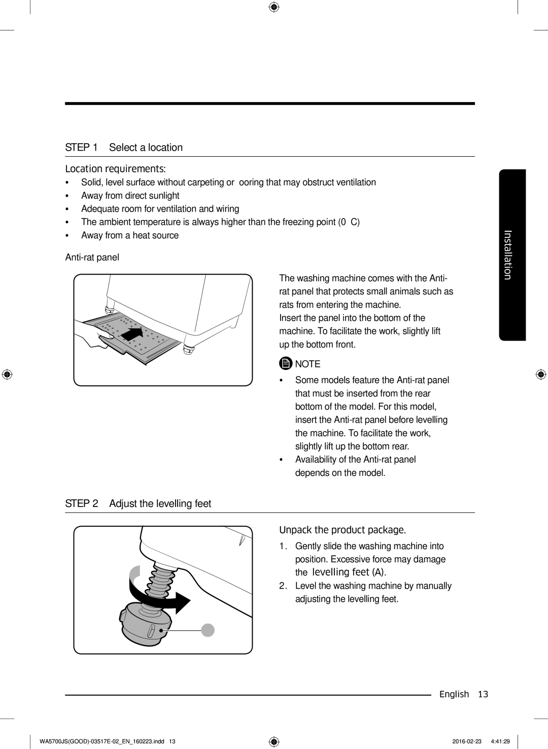 Samsung WA90J5710SW/YL, WA90J5710SG/YL, WA80J5710SW/YL, WA70J5710SW/YL, WA70J5710SS/YL manual Select a location 