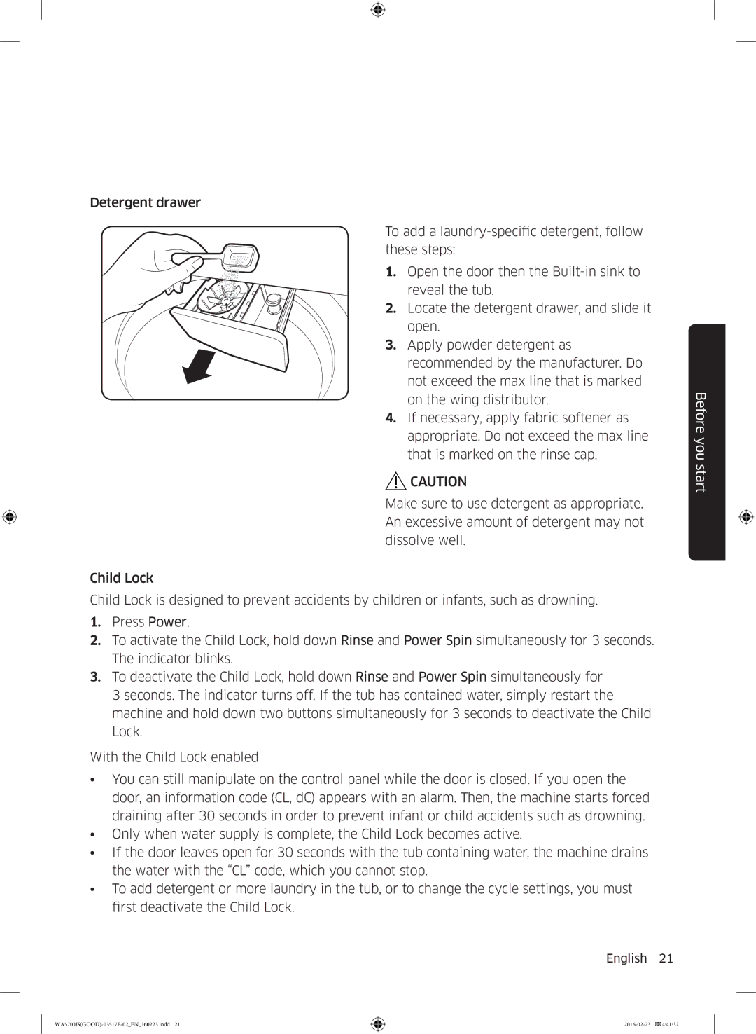 Samsung WA80J5710SW/YL, WA90J5710SG/YL, WA70J5710SW/YL, WA90J5710SW/YL, WA70J5710SS/YL manual Before you start 