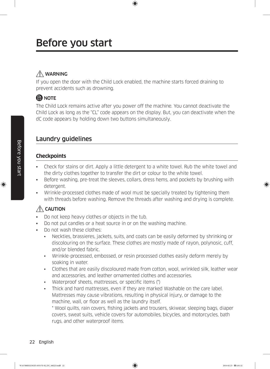 Samsung WA70J5710SW/YL, WA90J5710SG/YL, WA80J5710SW/YL, WA90J5710SW/YL, WA70J5710SS/YL manual Laundry guidelines, Checkpoints 