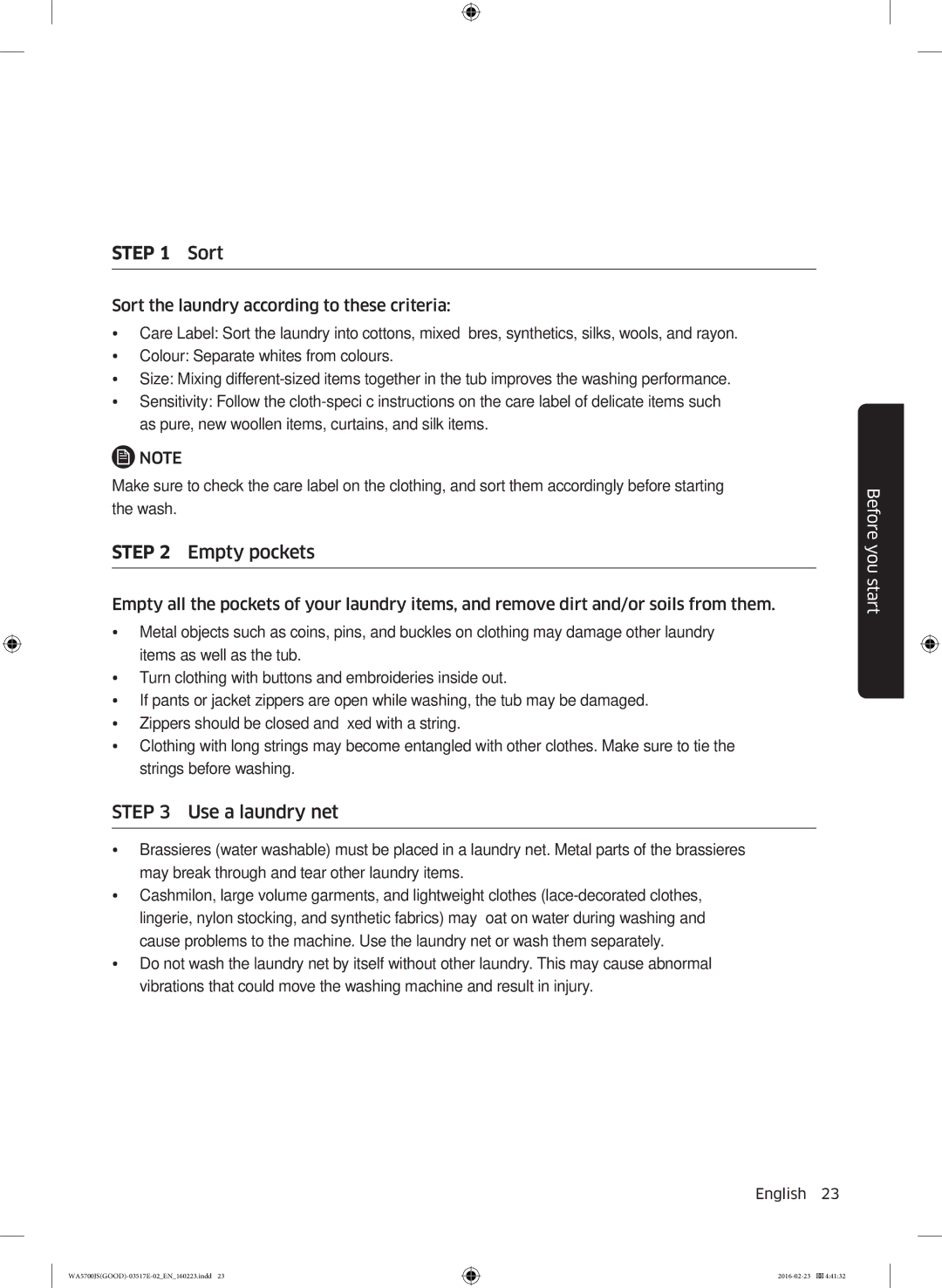 Samsung WA90J5710SW/YL, WA90J5710SG/YL, WA80J5710SW/YL, WA70J5710SW/YL, WA70J5710SS/YL manual Sort, Empty pockets 