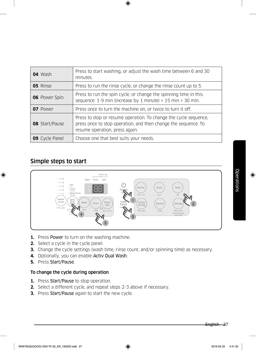 Samsung WA70J5710SW/YL, WA90J5710SG/YL, WA80J5710SW/YL, WA90J5710SW/YL, WA70J5710SS/YL manual Simple steps to start 