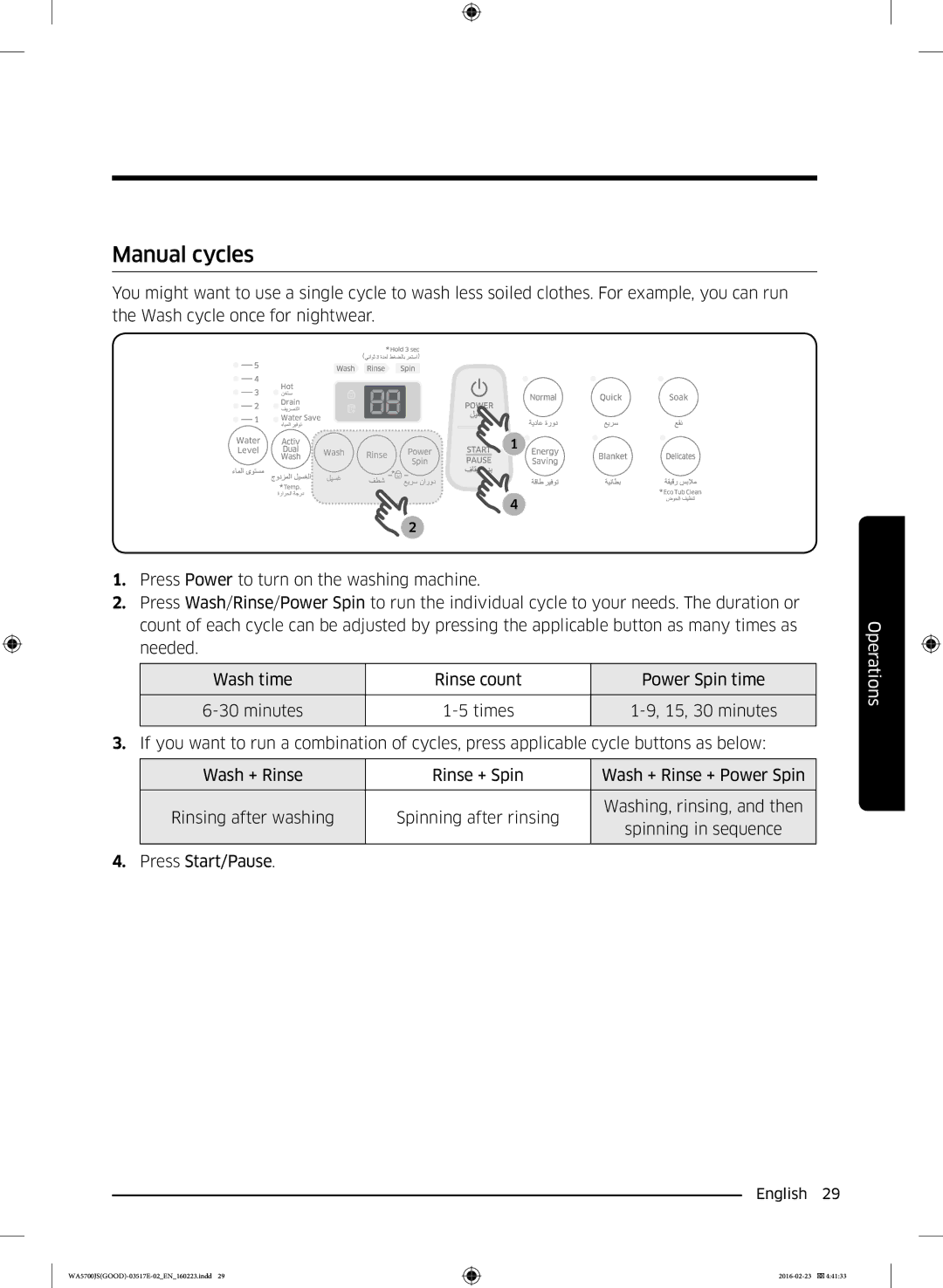 Samsung WA70J5710SS/YL, WA90J5710SG/YL, WA80J5710SW/YL, WA70J5710SW/YL, WA90J5710SW/YL manual Manual cycles 