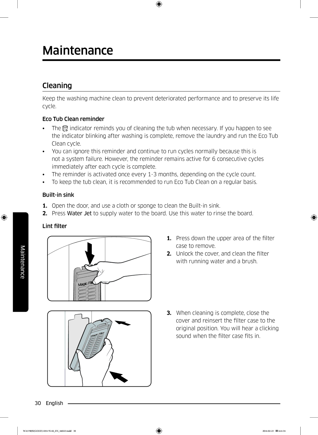 Samsung WA90J5710SG/YL, WA80J5710SW/YL, WA70J5710SW/YL, WA90J5710SW/YL, WA70J5710SS/YL manual Maintenance, Cleaning 