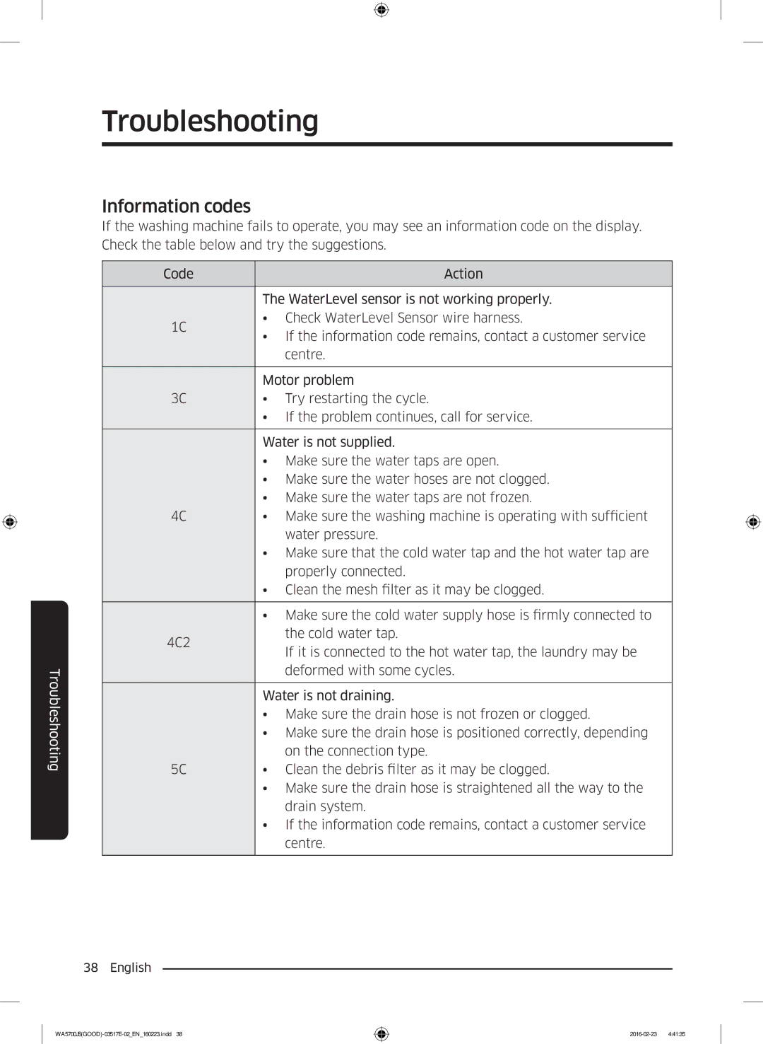 Samsung WA90J5710SW/YL, WA90J5710SG/YL, WA80J5710SW/YL, WA70J5710SW/YL, WA70J5710SS/YL manual Information codes 