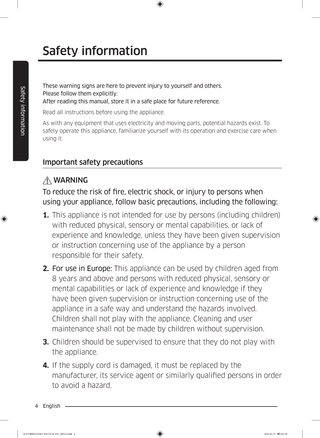 Samsung WA70J5710SS/YL, WA90J5710SG/YL, WA80J5710SW/YL, WA70J5710SW/YL, WA90J5710SW/YL manual Safety information 