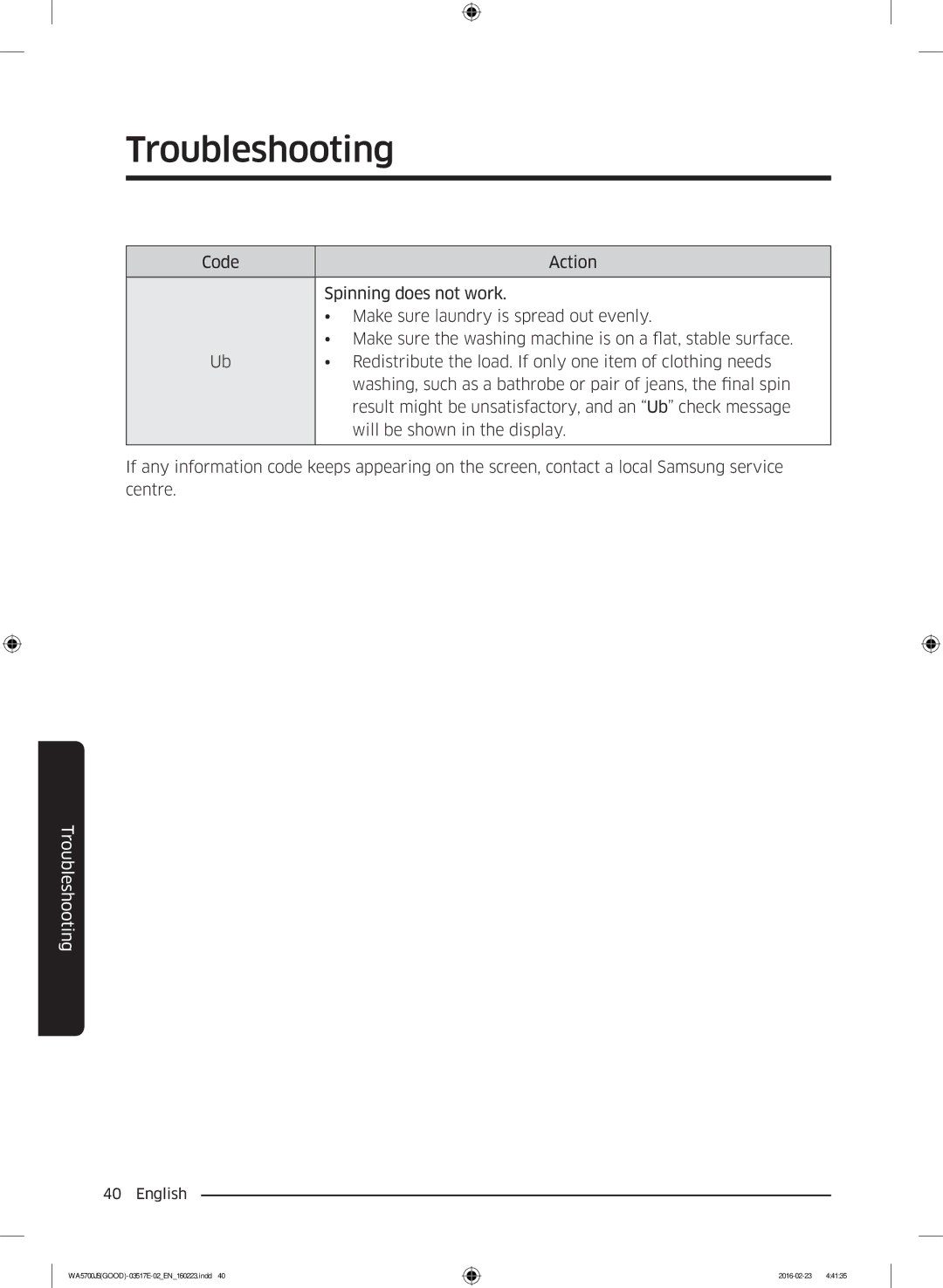 Samsung WA90J5710SG/YL, WA80J5710SW/YL, WA70J5710SW/YL, WA90J5710SW/YL, WA70J5710SS/YL manual Troubleshooting 