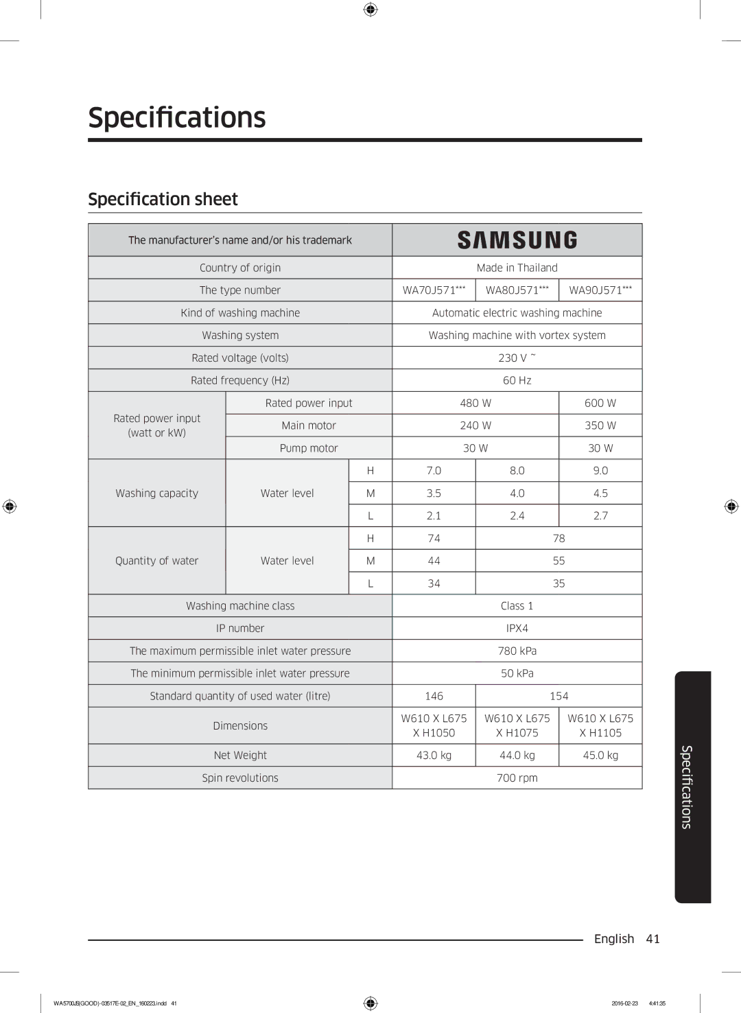 Samsung WA80J5710SW/YL, WA90J5710SG/YL, WA70J5710SW/YL, WA90J5710SW/YL, WA70J5710SS/YL Specifications, Specification sheet 