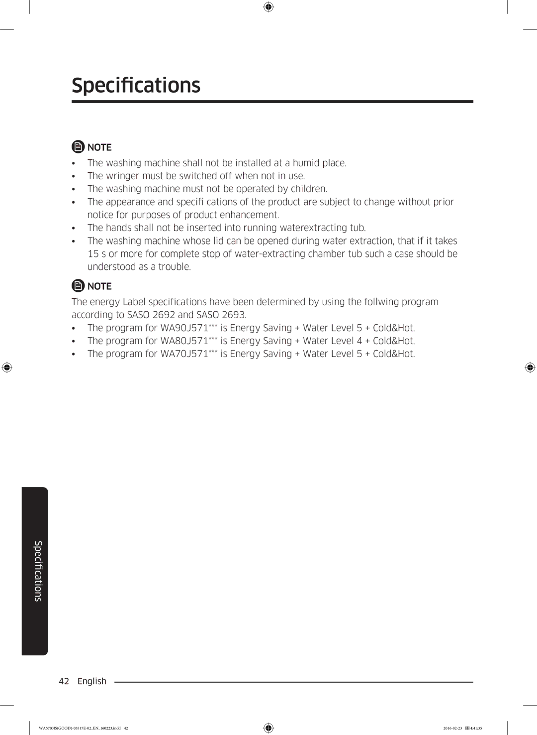 Samsung WA70J5710SW/YL, WA90J5710SG/YL, WA80J5710SW/YL, WA90J5710SW/YL, WA70J5710SS/YL manual FicationsSpeci 