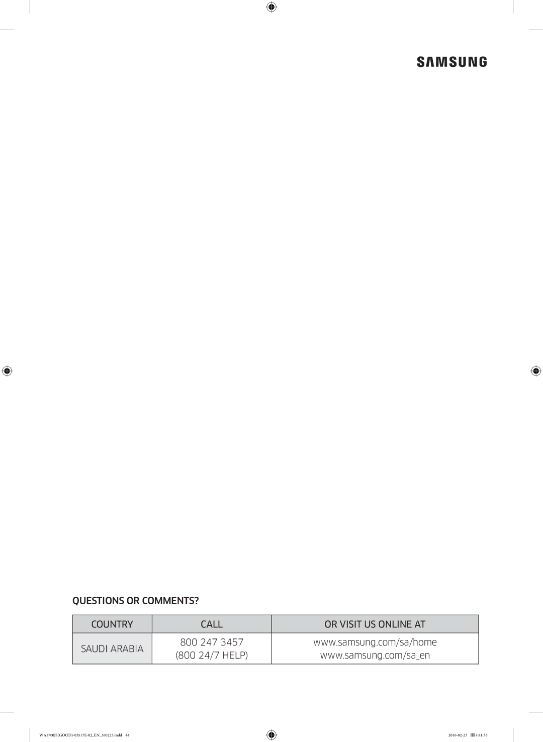 Samsung WA70J5710SS/YL, WA90J5710SG/YL, WA80J5710SW/YL manual Questions or COMMENTS? Country Call Or Visit US Online AT 