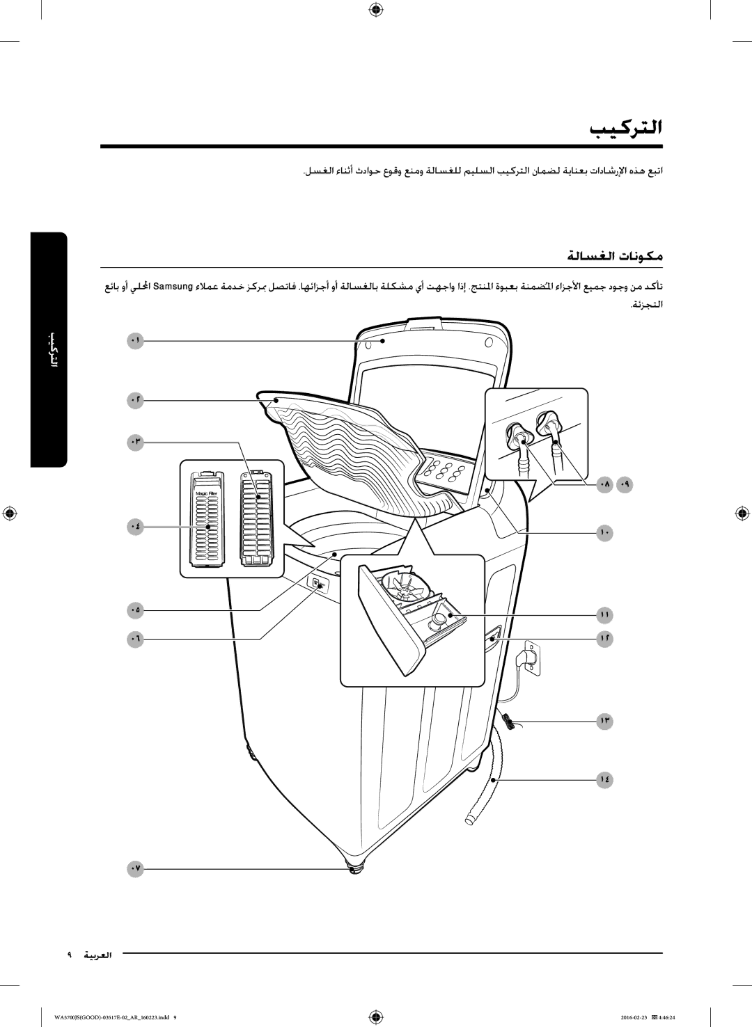 Samsung WA90J5710SW/YL, WA90J5710SG/YL, WA80J5710SW/YL, WA70J5710SW/YL, WA70J5710SS/YL manual بيكرتلا, ةلاسغلا تانوكم 