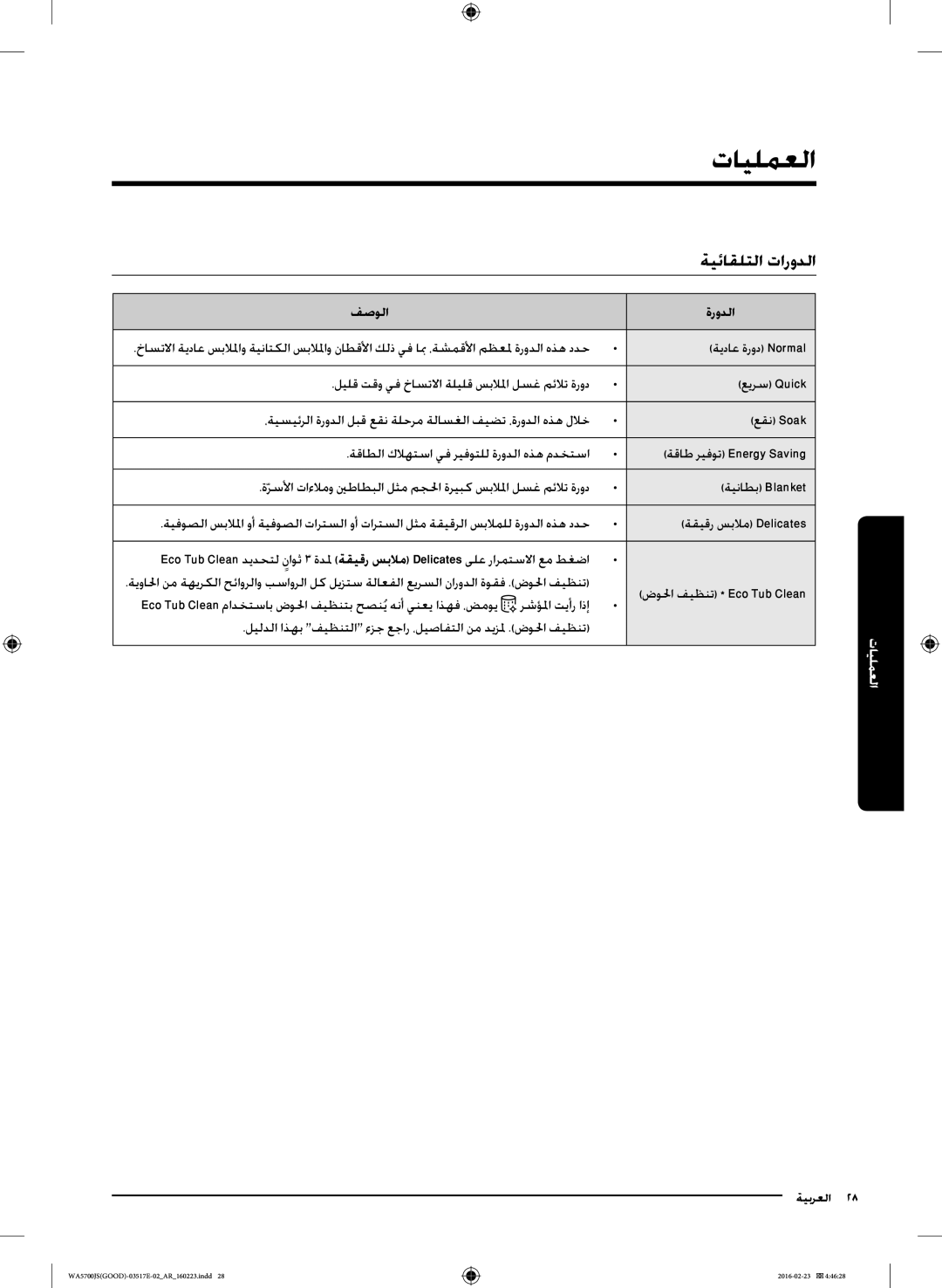 Samsung WA70J5710SW/YL, WA90J5710SG/YL, WA80J5710SW/YL, WA90J5710SW/YL manual العمليات, ةيئاقلتلا تارودلا, فصولا ةرودلا 