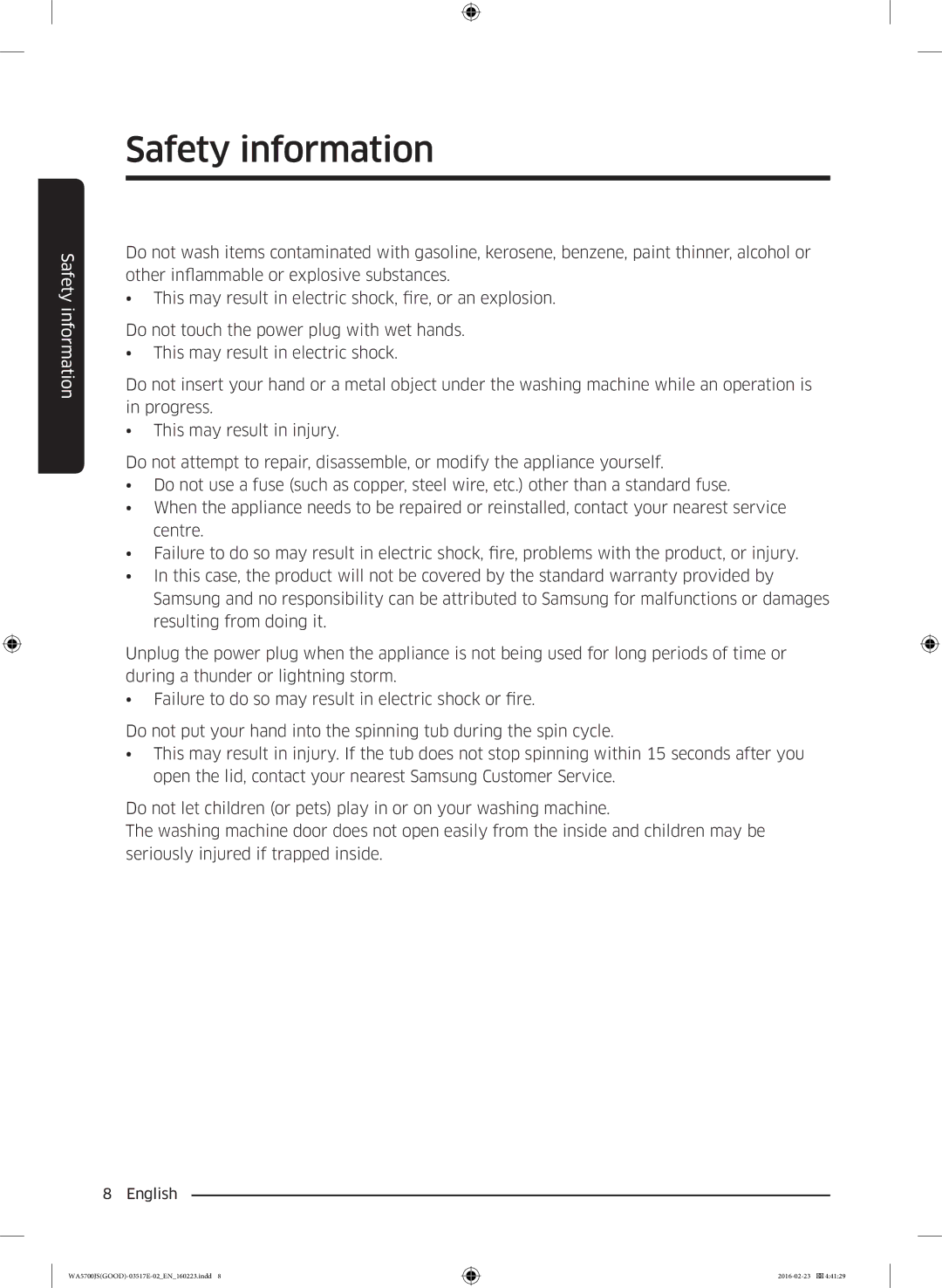 Samsung WA90J5710SW/YL, WA90J5710SG/YL, WA80J5710SW/YL, WA70J5710SW/YL, WA70J5710SS/YL manual Safety information 