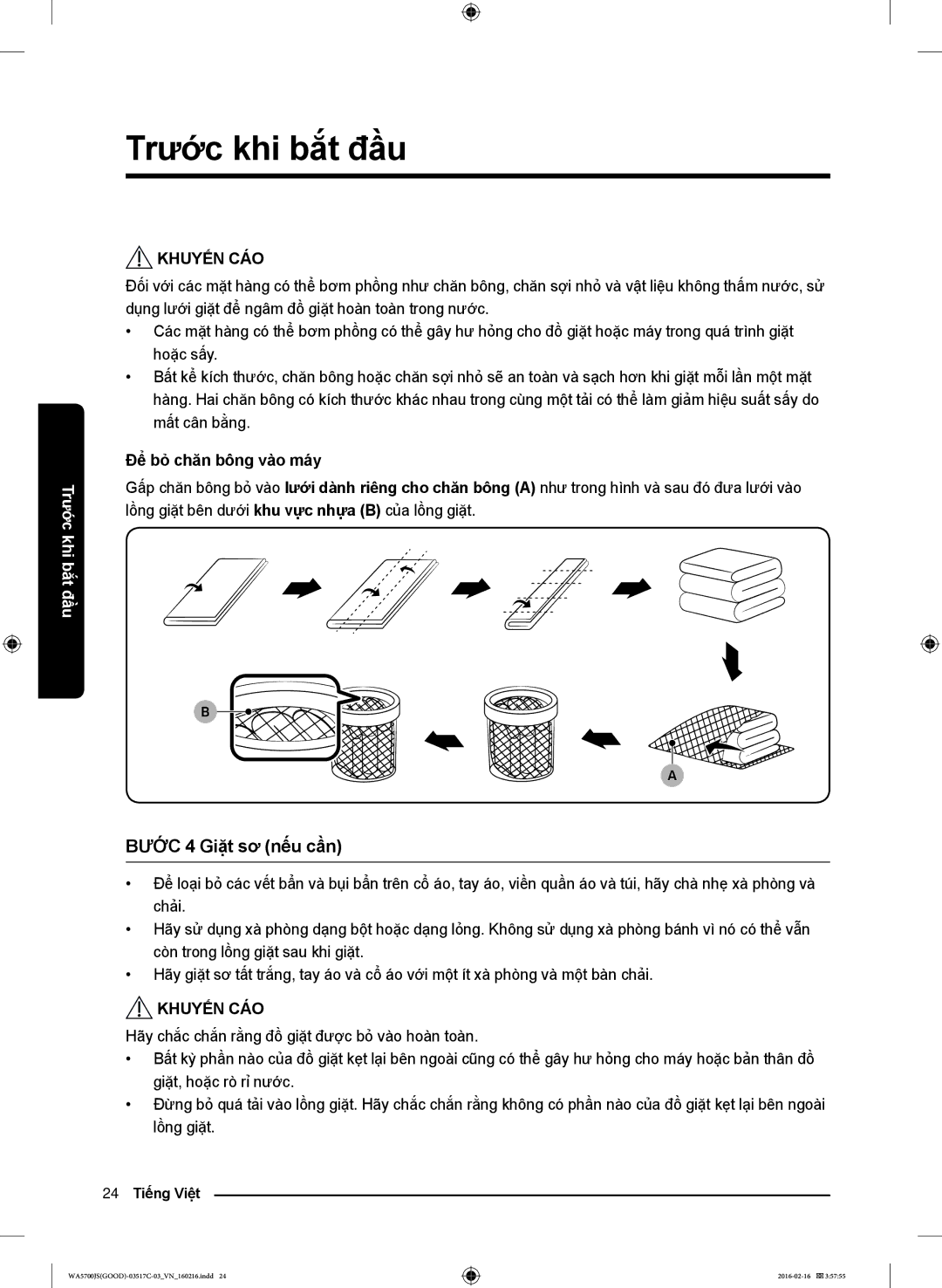 Samsung WA85J5712SG/SV, WA90J5713SW/SV, WA10J5710SG/SV, WA90J5710SG/SV manual Bước 4 Giặt sơ nếu cần, Để bỏ chăn bông vào máy 