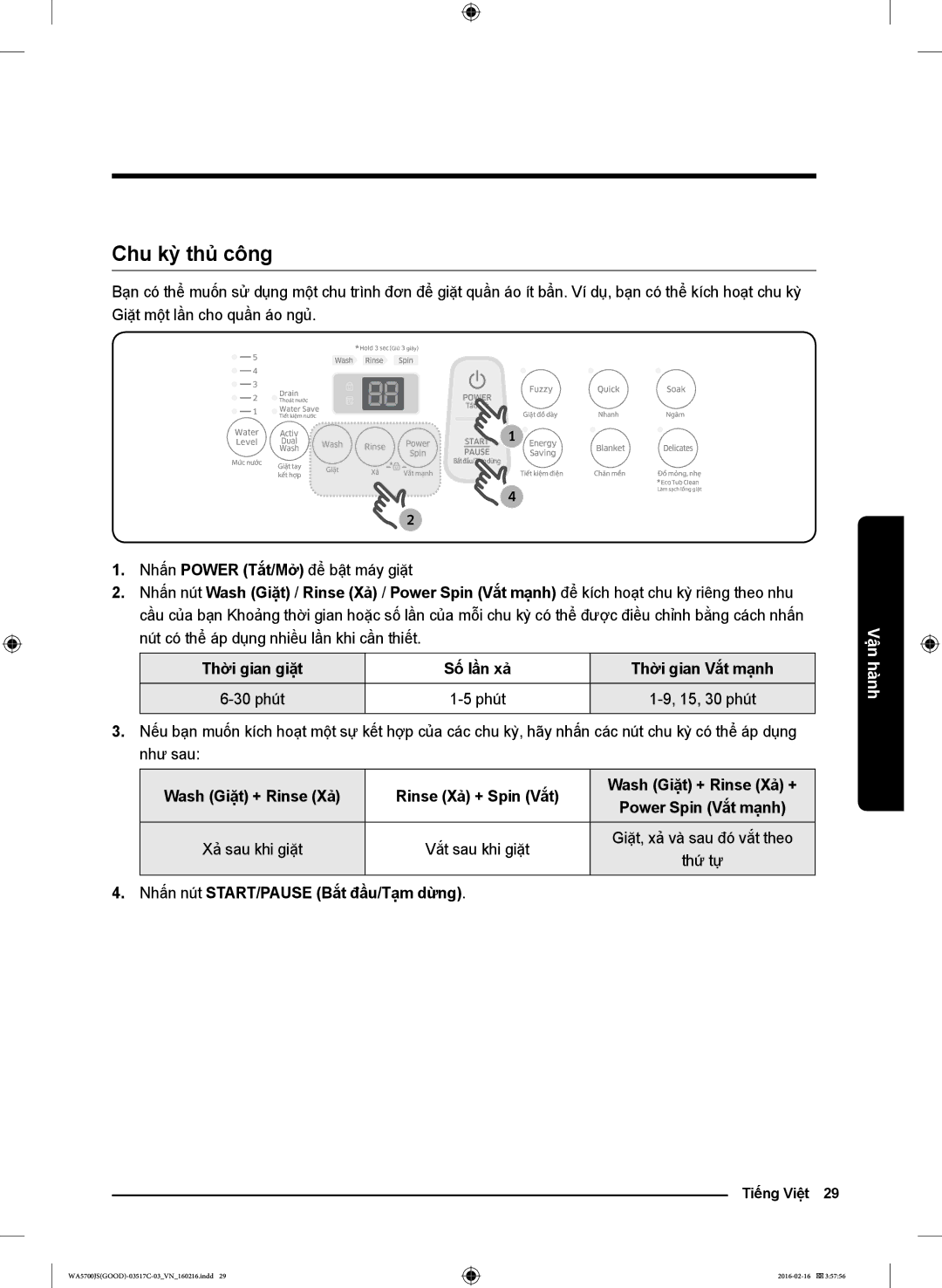 Samsung WA10J5710SG/SV, WA90J5713SW/SV, WA90J5710SG/SV, WA85J5712SG/SV, WA10J5710SW/SV, WA90J5713SG/SV manual Chu kỳ thủ công 