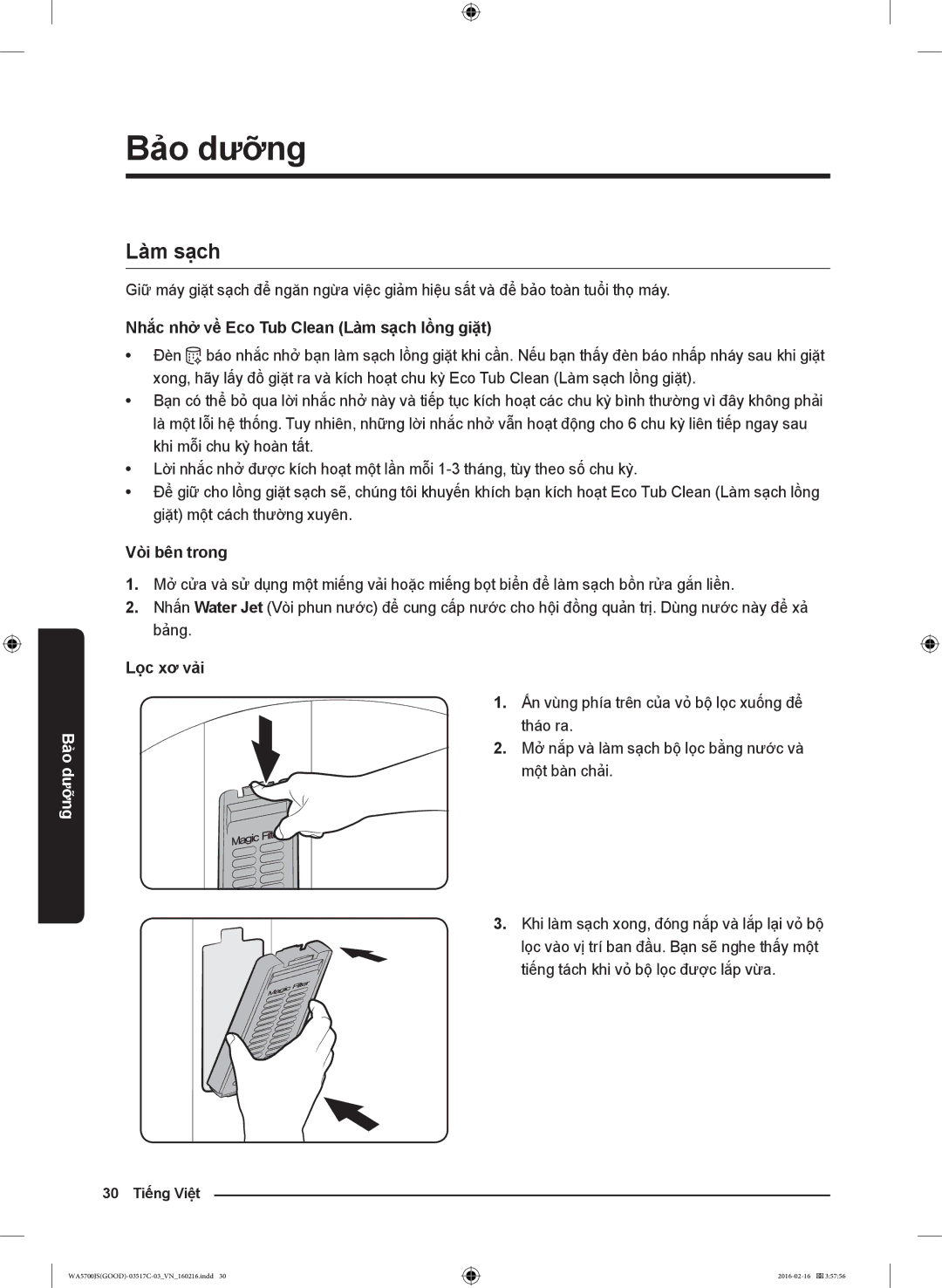 Samsung WA90J5710SG/SV manual Bảo dưỡng, Nhắc nhở về Eco Tub Clean Làm sạch lồng giặt, Vòi bên trong, Lọc xơ vải 