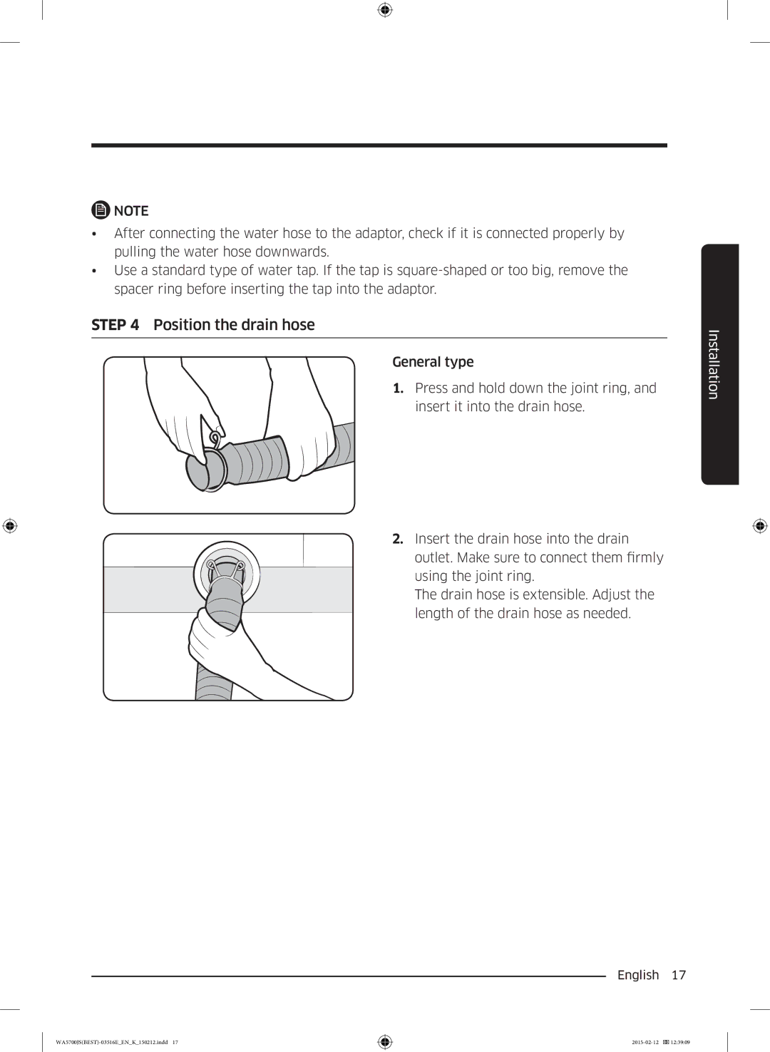 Samsung WA90J5730SS/YL manual Position the drain hose 