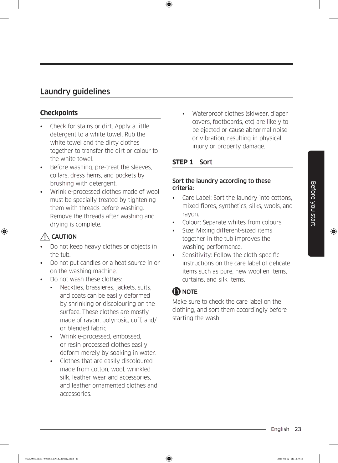 Samsung WA90J5730SS/YL manual Laundry guidelines, Checkpoints, Sort 