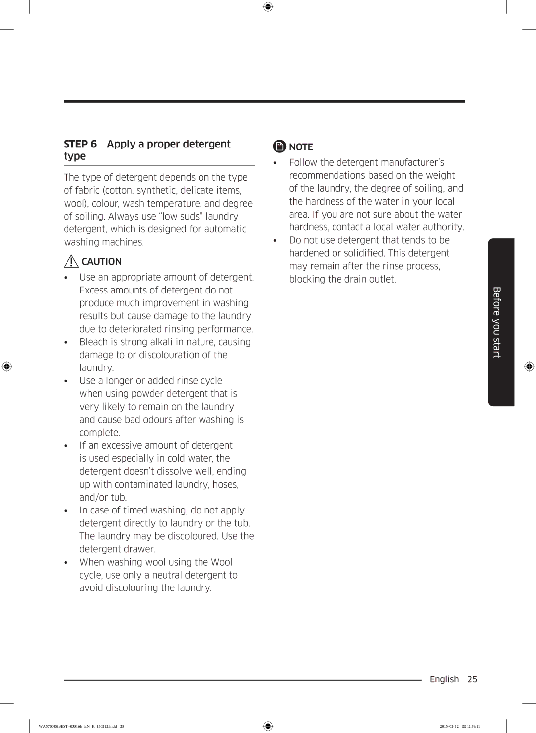 Samsung WA90J5730SS/YL manual Apply a proper detergent type 