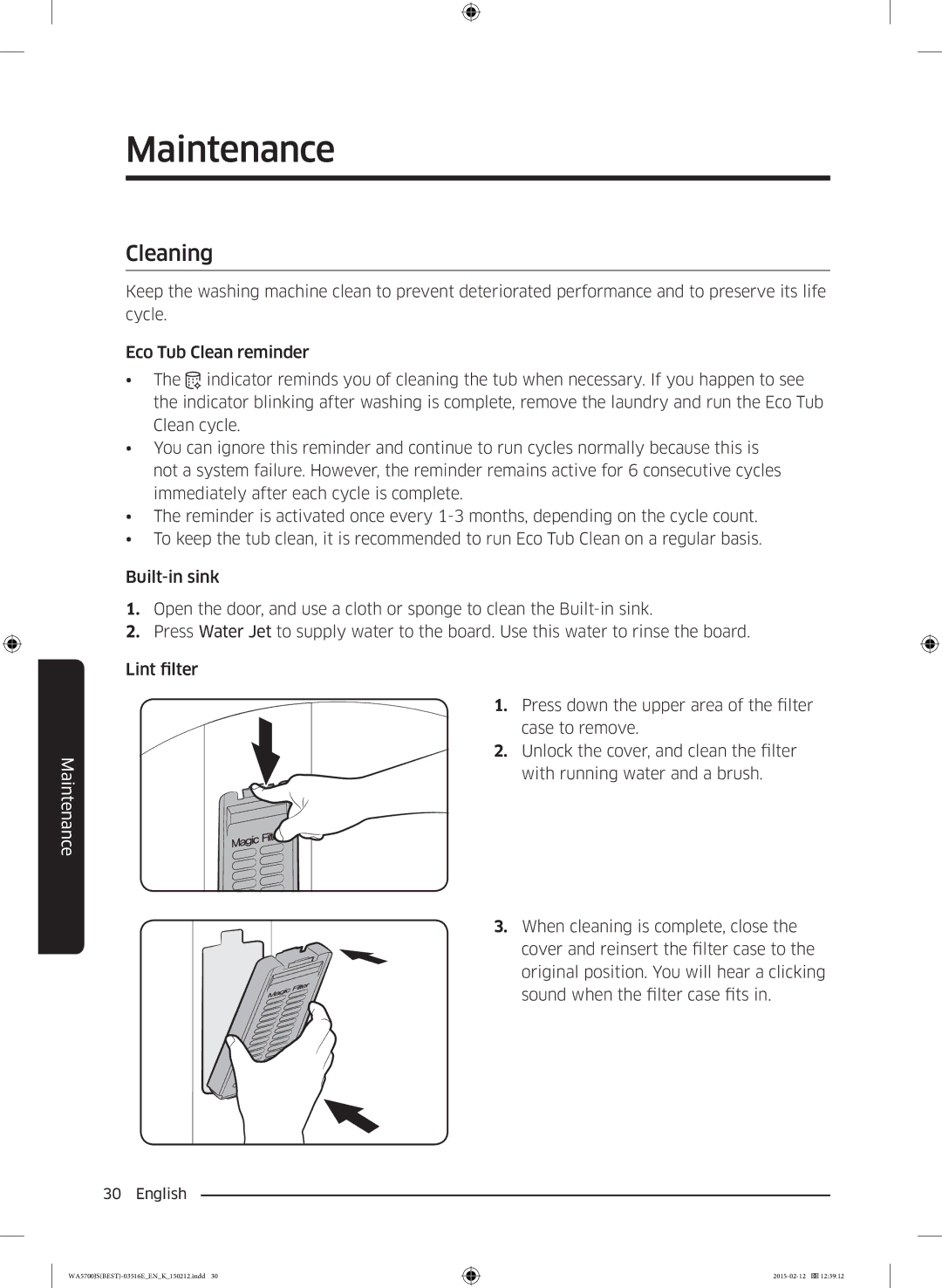 Samsung WA90J5730SS/YL manual Maintenance, Cleaning 