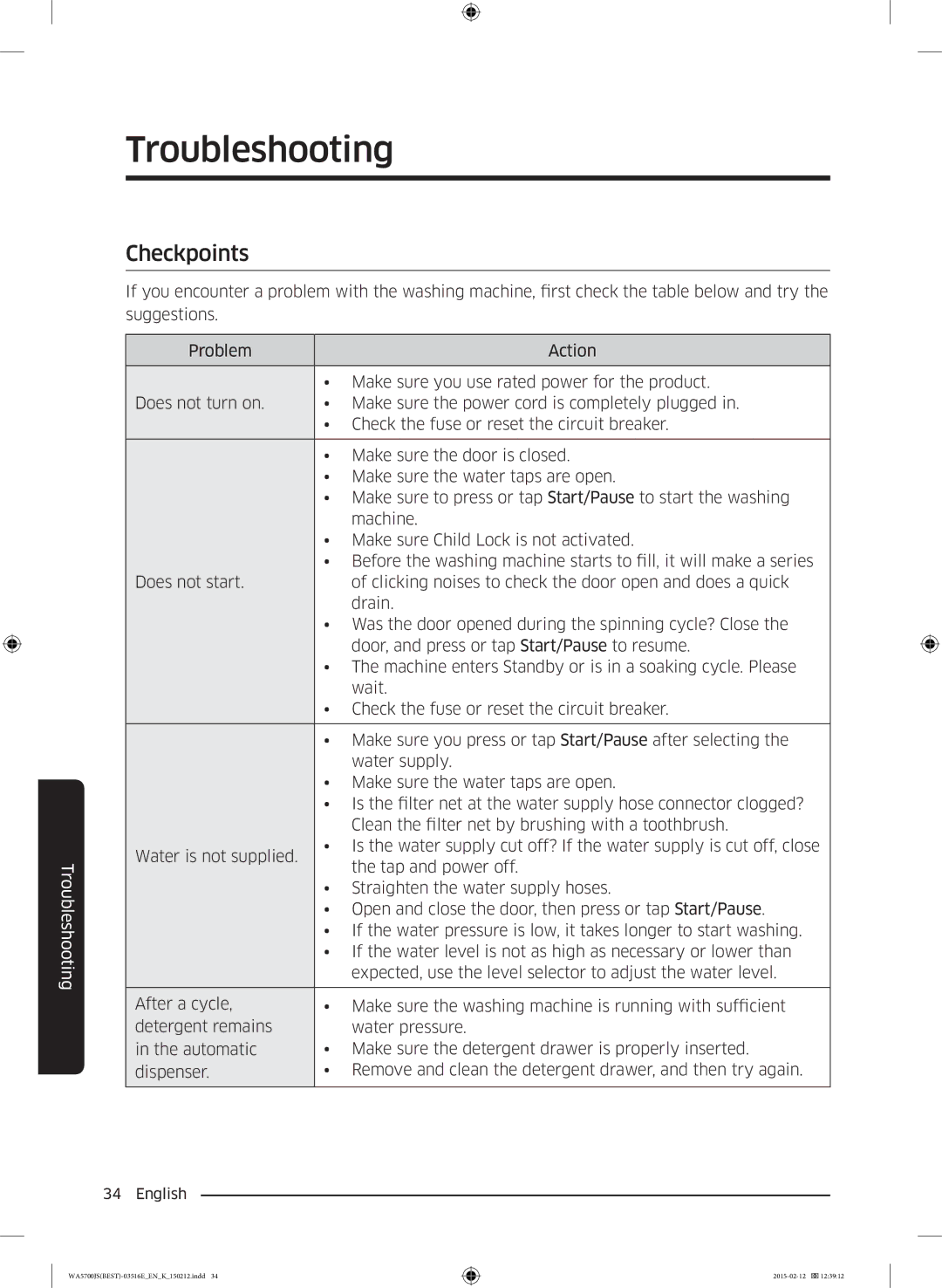 Samsung WA90J5730SS/YL manual Troubleshooting, Checkpoints 