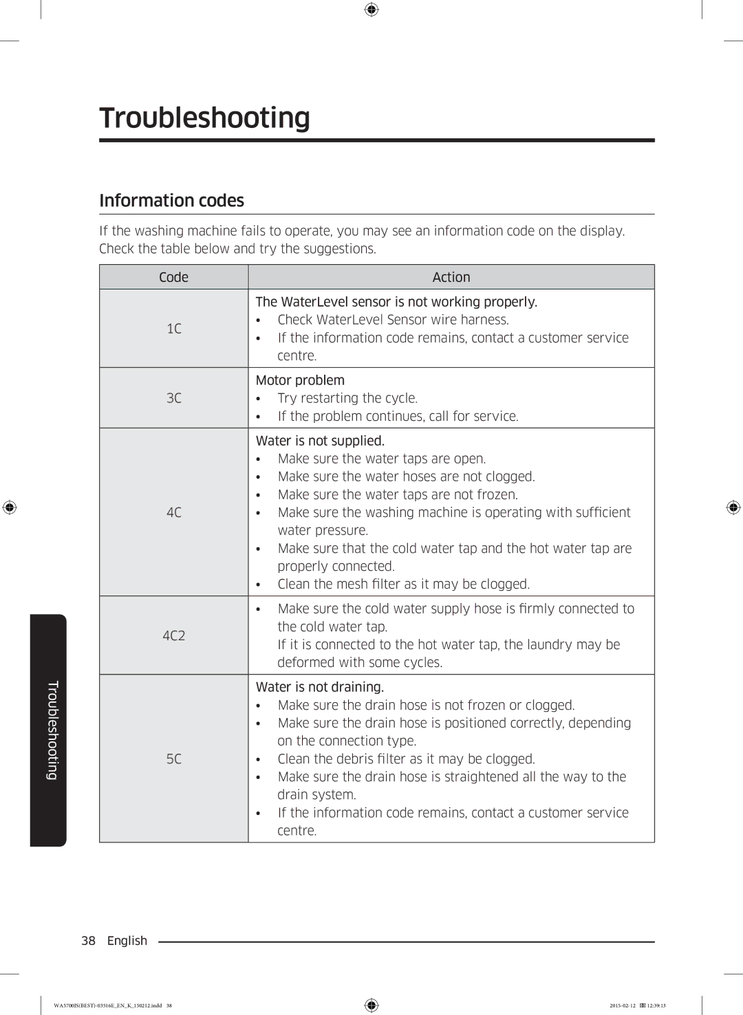 Samsung WA90J5730SS/YL manual Information codes 