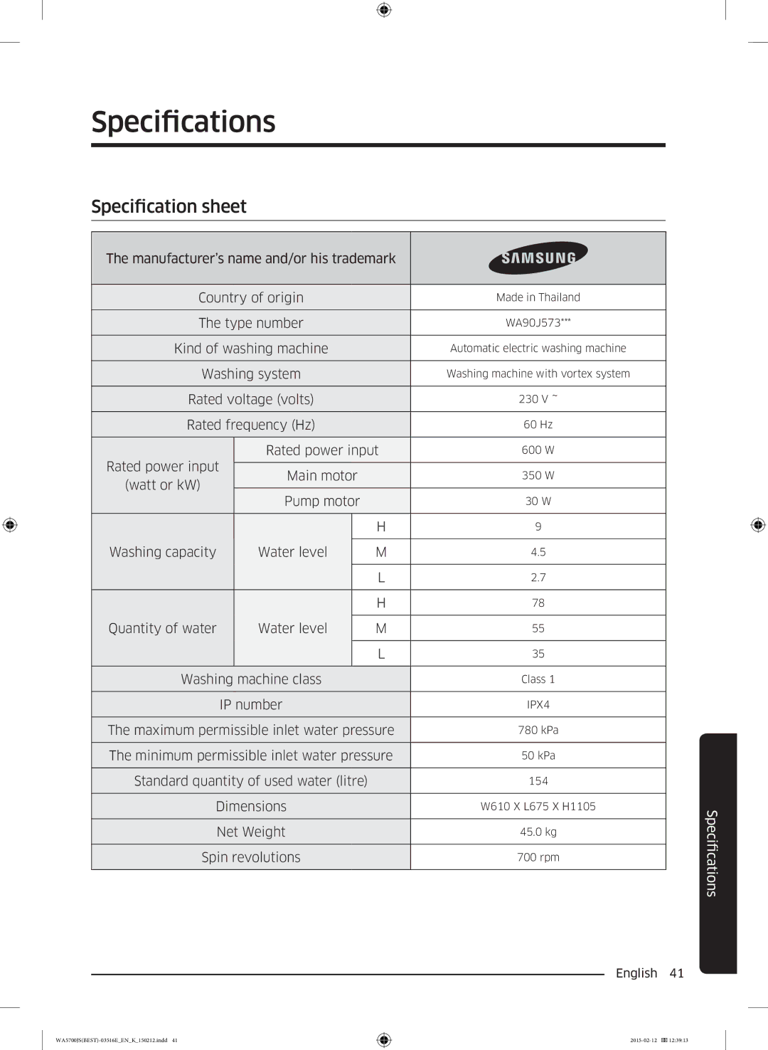 Samsung WA90J5730SS/YL manual Specifications, Specification sheet 