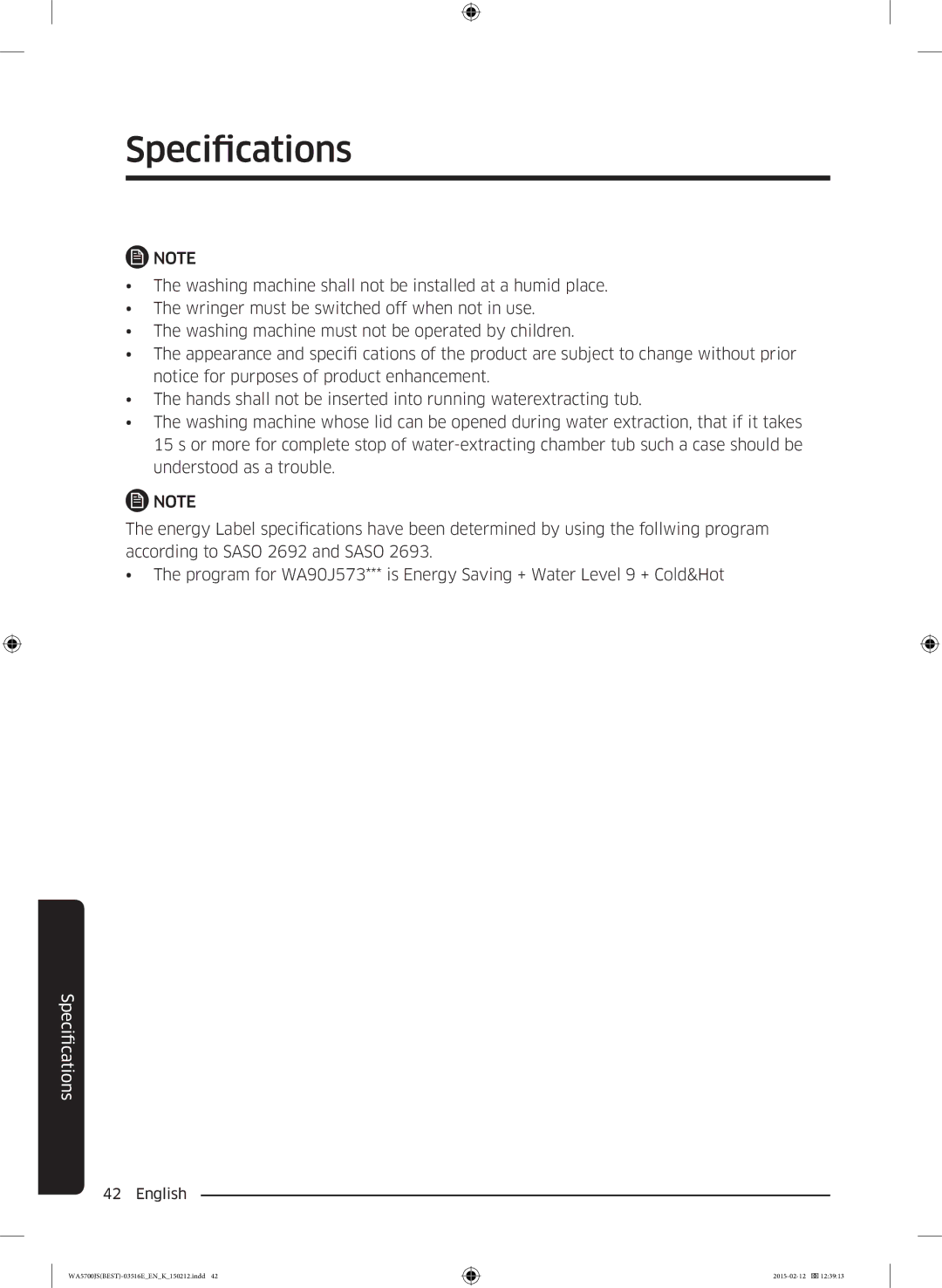 Samsung WA90J5730SS/YL manual FicationsSpeci 