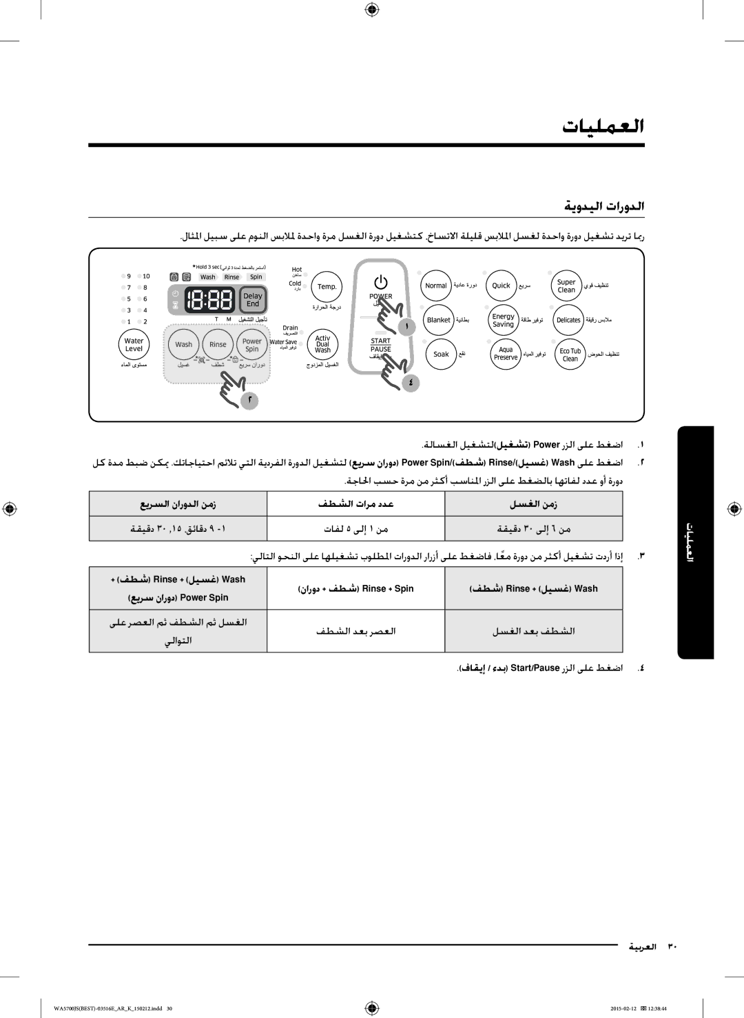 Samsung WA90J5730SS/YL manual ةيوديلا تارودلا, فطشلا تارم ددع لسغلا نمز, فطش Rinse + ليسغ Wash 