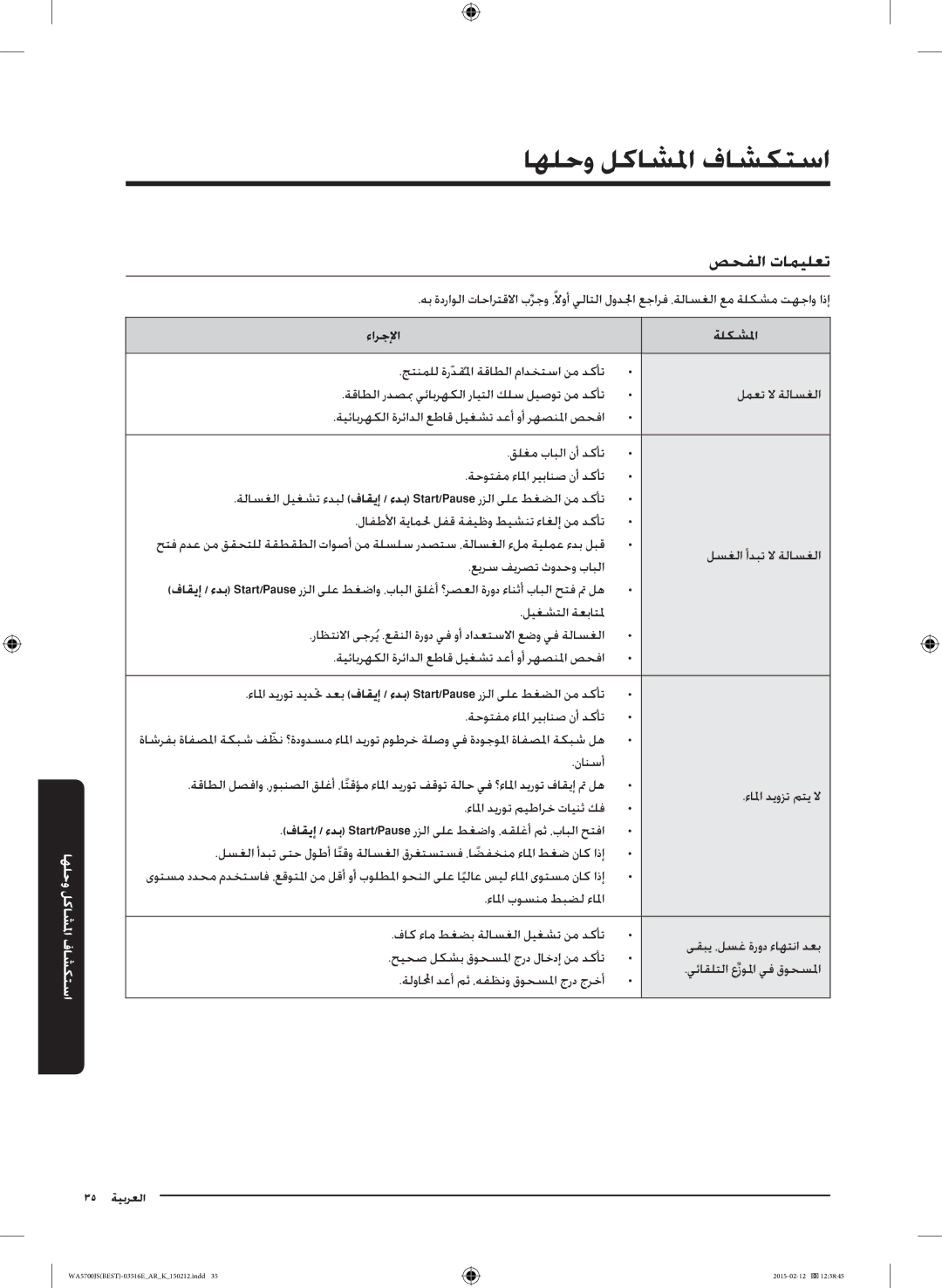 Samsung WA90J5730SS/YL manual اهلحو لكاشلما فاشكتسا, صحفلا تاميلعت, ءارجلإا ةلكشلما 