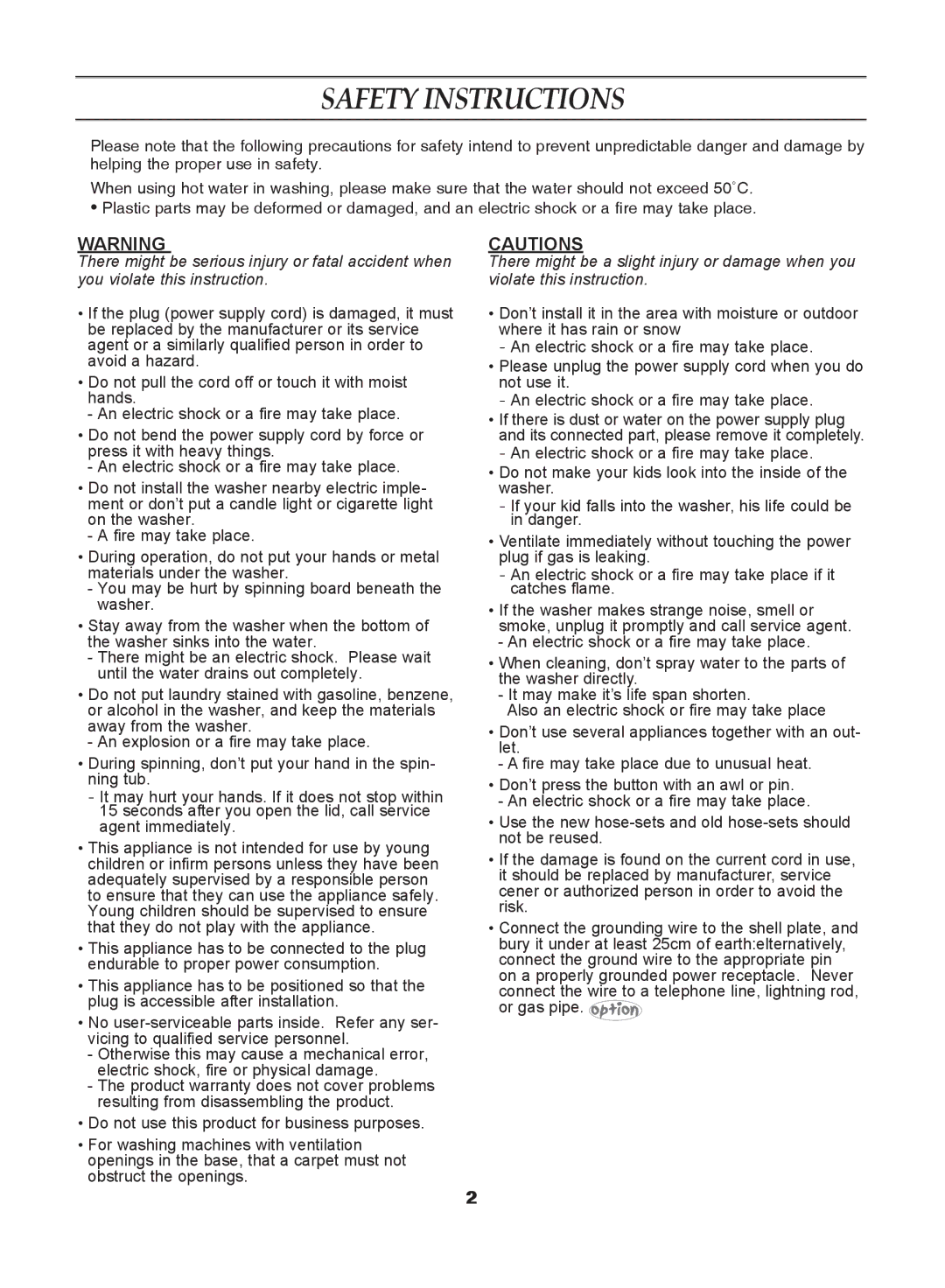 Samsung WB95J4Q1EW/HAC, WA90J7S1/XST, WA85J3Q3EW/YQH, WA85J3W1/YL, WA85J3W2/YL, WA90J7N3IW/XSG manual Safety Instructions 