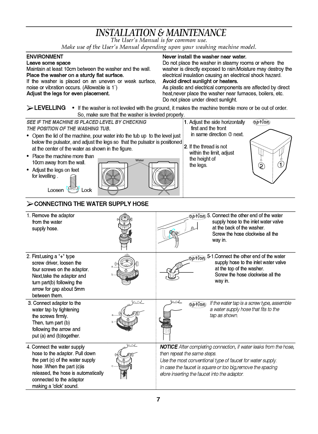 Samsung WA85J3W1/YL, WA90J7S1/XST, WA85J3Q3EW/YQH Installation & Maintenance, Connecting the Water Supply Hose, Environment 