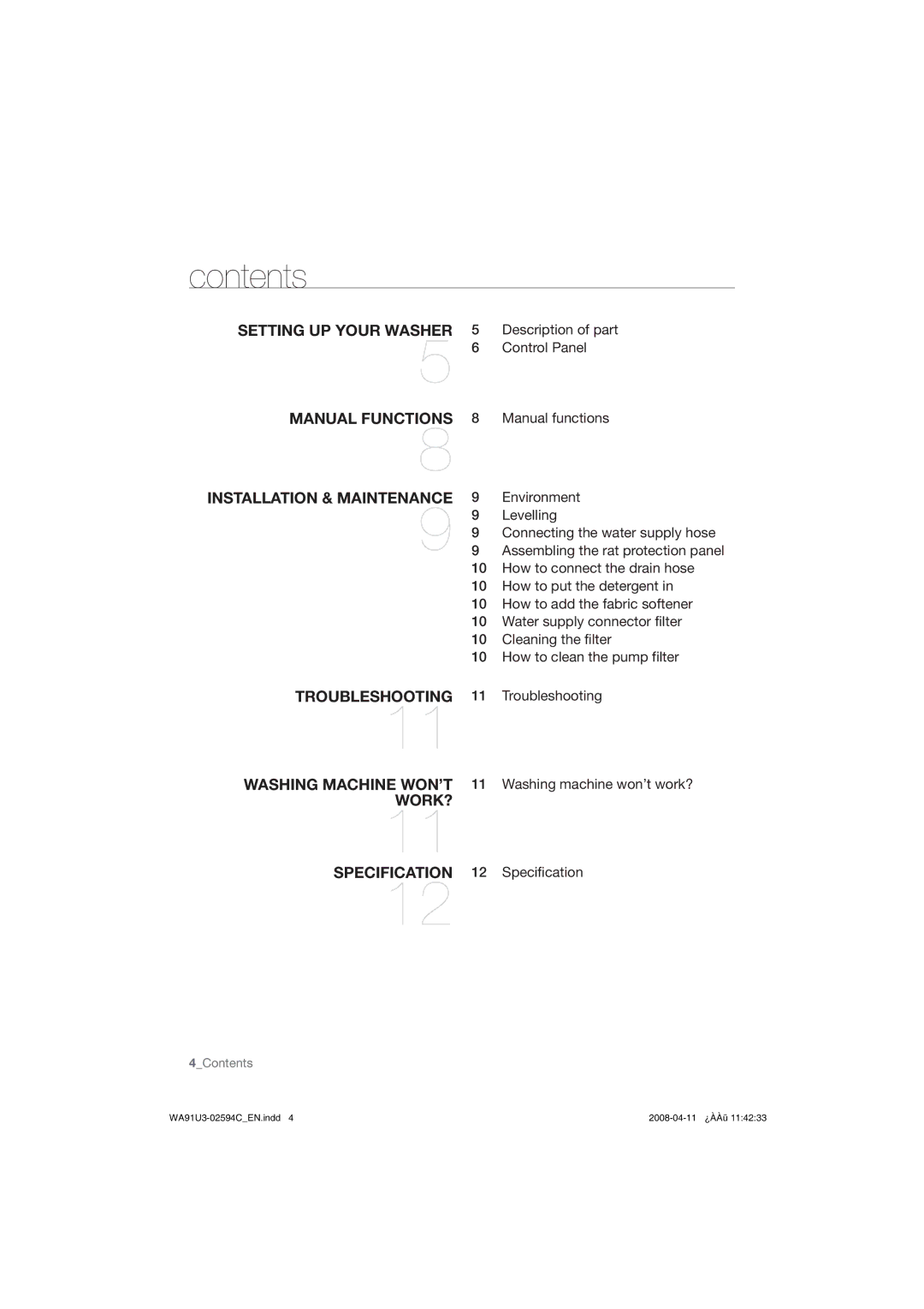 Samsung WA85V3, WA91V3, WA95V3, WA90V3, WA80V3 manual Dpoufout,  &Owjsponfou  -Fwfmmjoh 