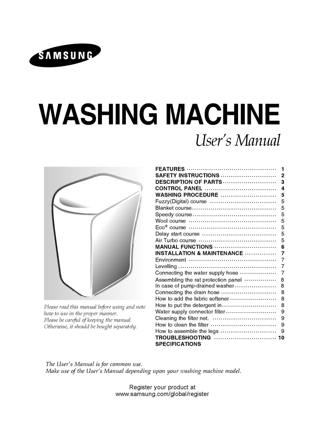 Samsung WA92J7B1/XSV, WA92J7G1/XSV manual Manual Functions Installation & Maintenance, Troubleshooting Specifications 