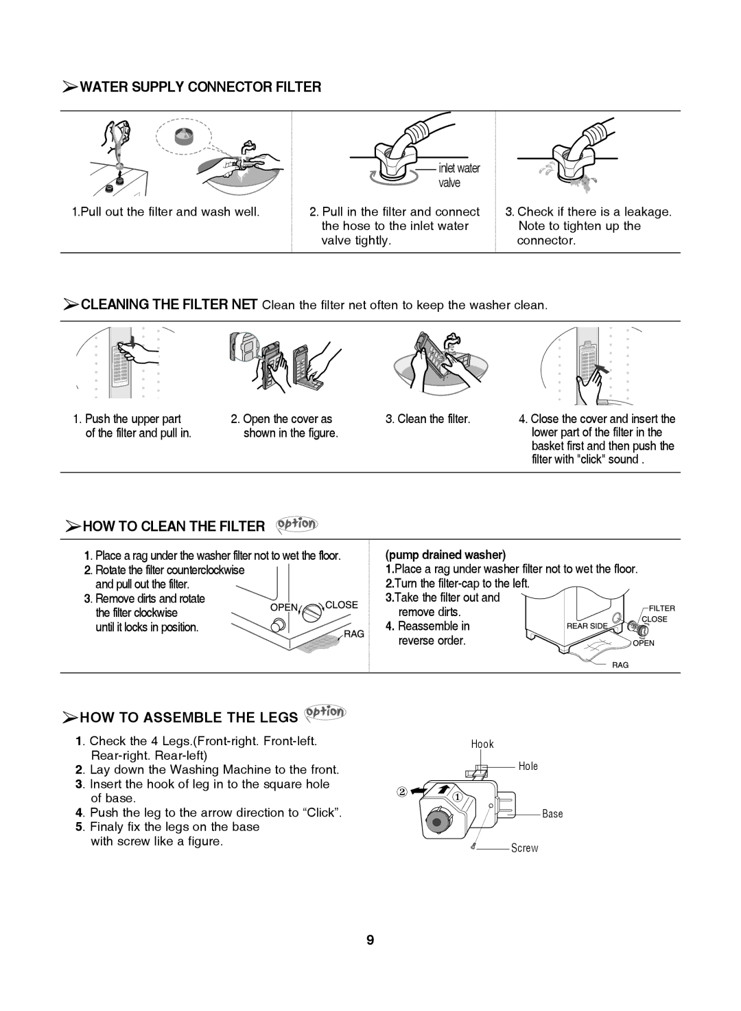 Samsung WA92J7B1U/XSV, WA92J7G1/XSV manual Water Supply Connector Filter, HOW to Clean the Filter, HOW to Assemble the Legs 