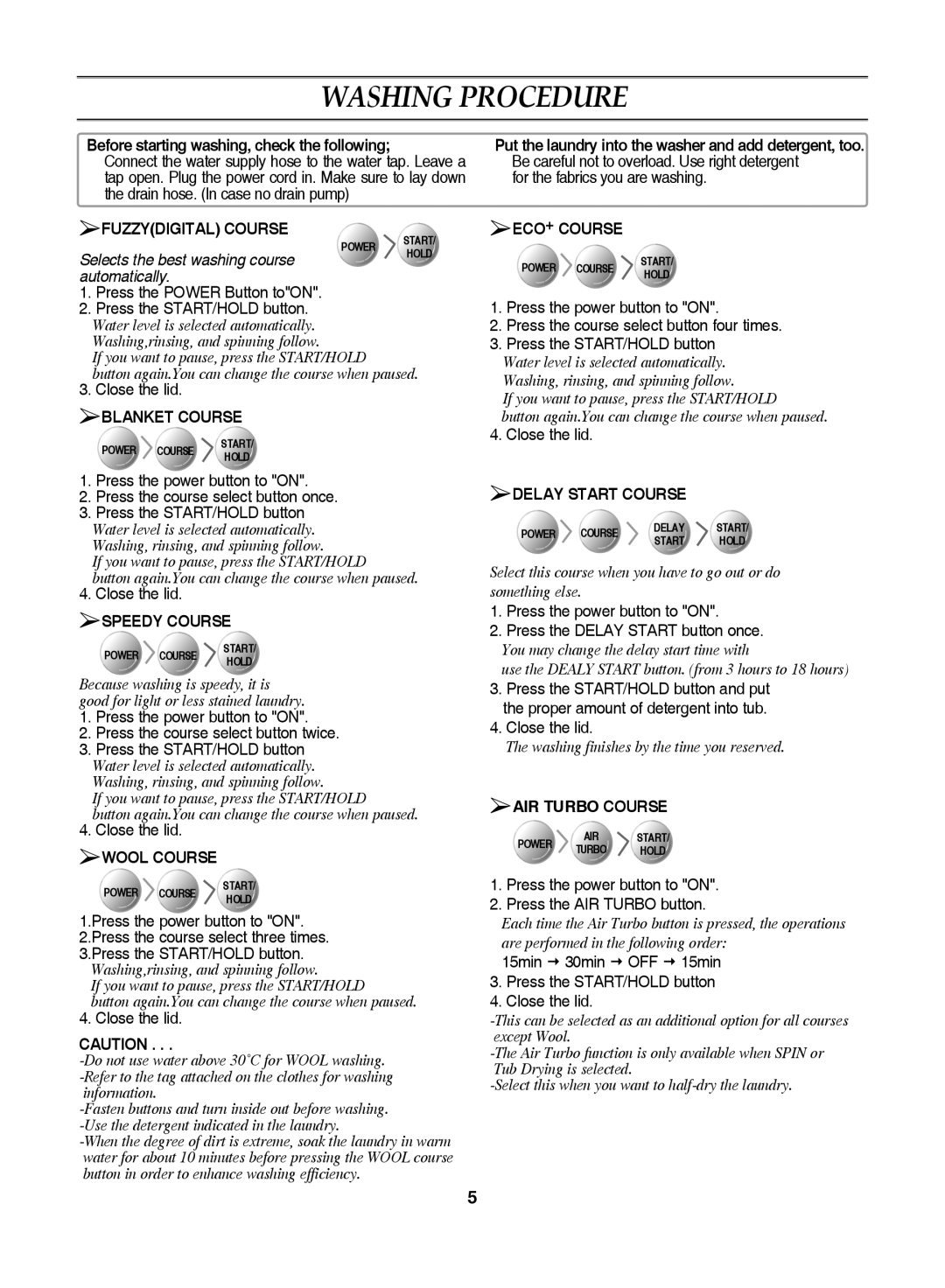 Samsung WA92J9B1U/XSV, WA92J7G1/XSV, WA92J7B1/XSV, WA92J7B1U/XSV, WA92J7G1U/XSV, WA92J9G1/XSV, WA92J9B1/XSV Washing Procedure 