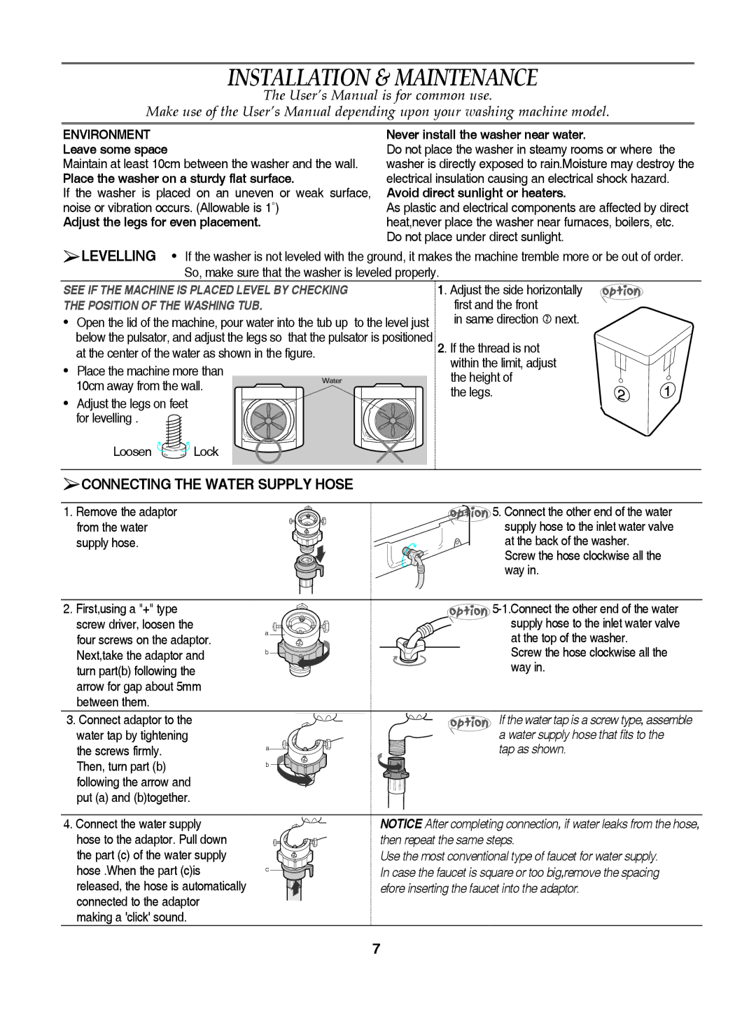 Samsung WA92J7G1/XSV, WA92J7B1/XSV, WA92J7B1U/XSV Installation & Maintenance, Connecting the Water Supply Hose, Environment 