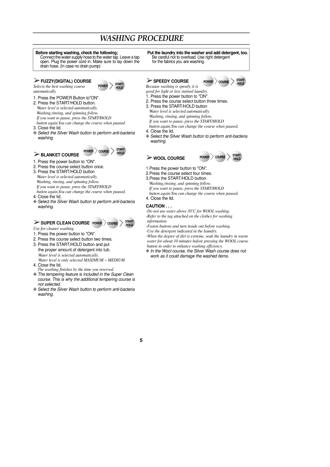 Samsung WA92RAG1/XSV, WA92RAG1U/XSV, WA92RAB1U/XSV, WA92RAB1/XSV manual Washing Procedure 