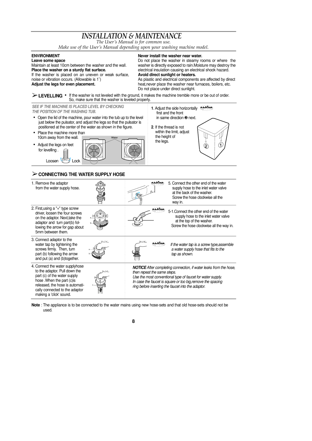 Samsung WA92RAB1U/XSV, WA92RAG1U/XSV Installation & Maintenance, Levelling, Connecting the Water Supply Hose, Environment 
