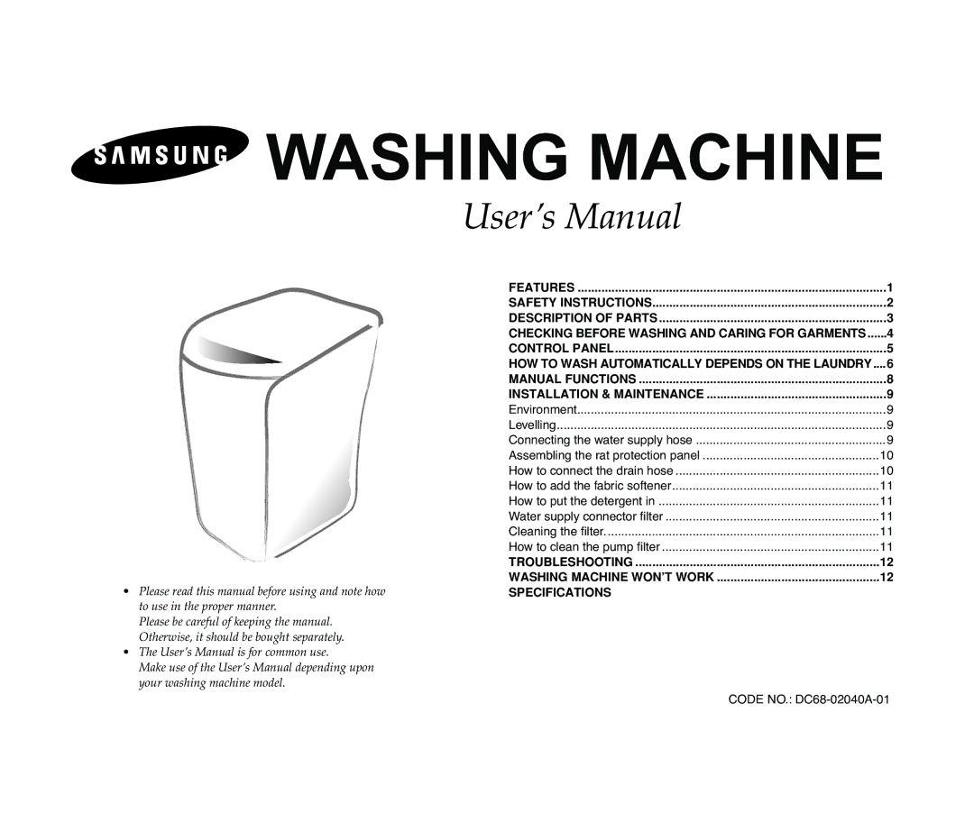 Samsung WA95F3B2/XSV, WA95F3B1/XSV, WA95F3B2U/XSV manual Checking Before Washing and Caring for Garments 