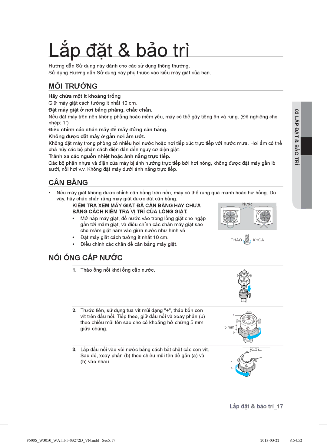 Samsung WA11F5S5QWA/SV, WA95F5S9MTA/SV, WA10F5S5QWA/SV manual Lắp đặt & bảo trì, MÔI Trường, CÂN Bằng, NỐI ỐNG CẤP Nước 