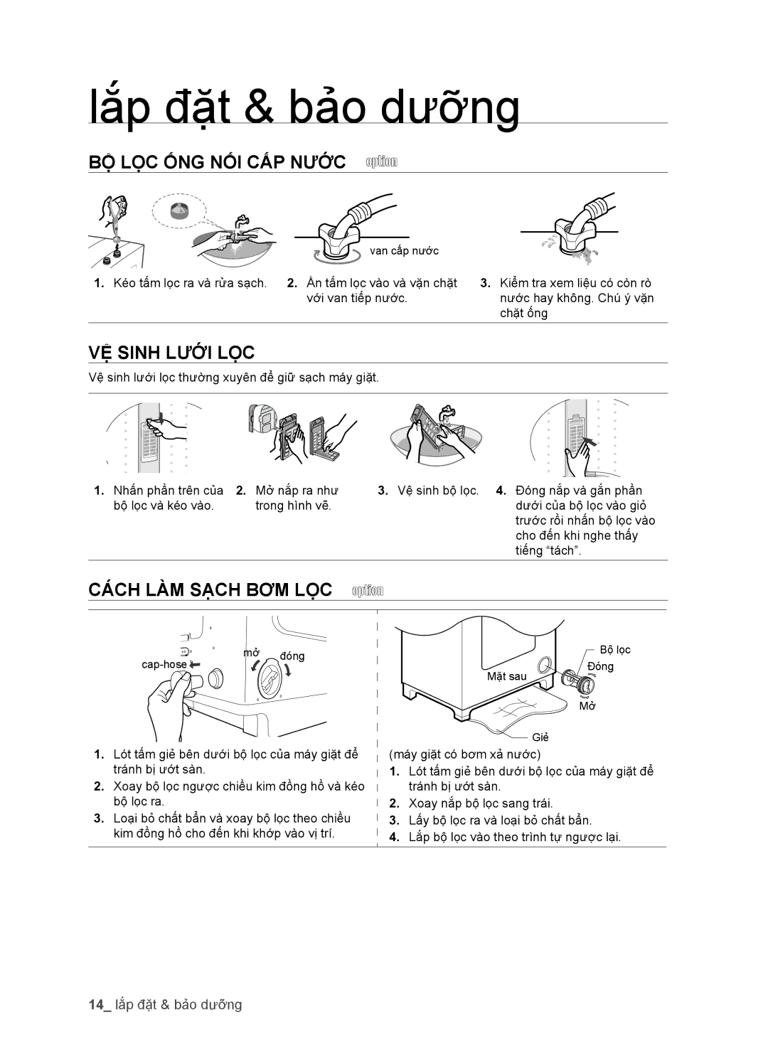 Samsung WA95FAG1U/XSV, WA95FAB1/XSV manual Bộ lọc ống nối cấp nước, Vệ sinh lưới lọc, Cách làm sạch bơm lọc 