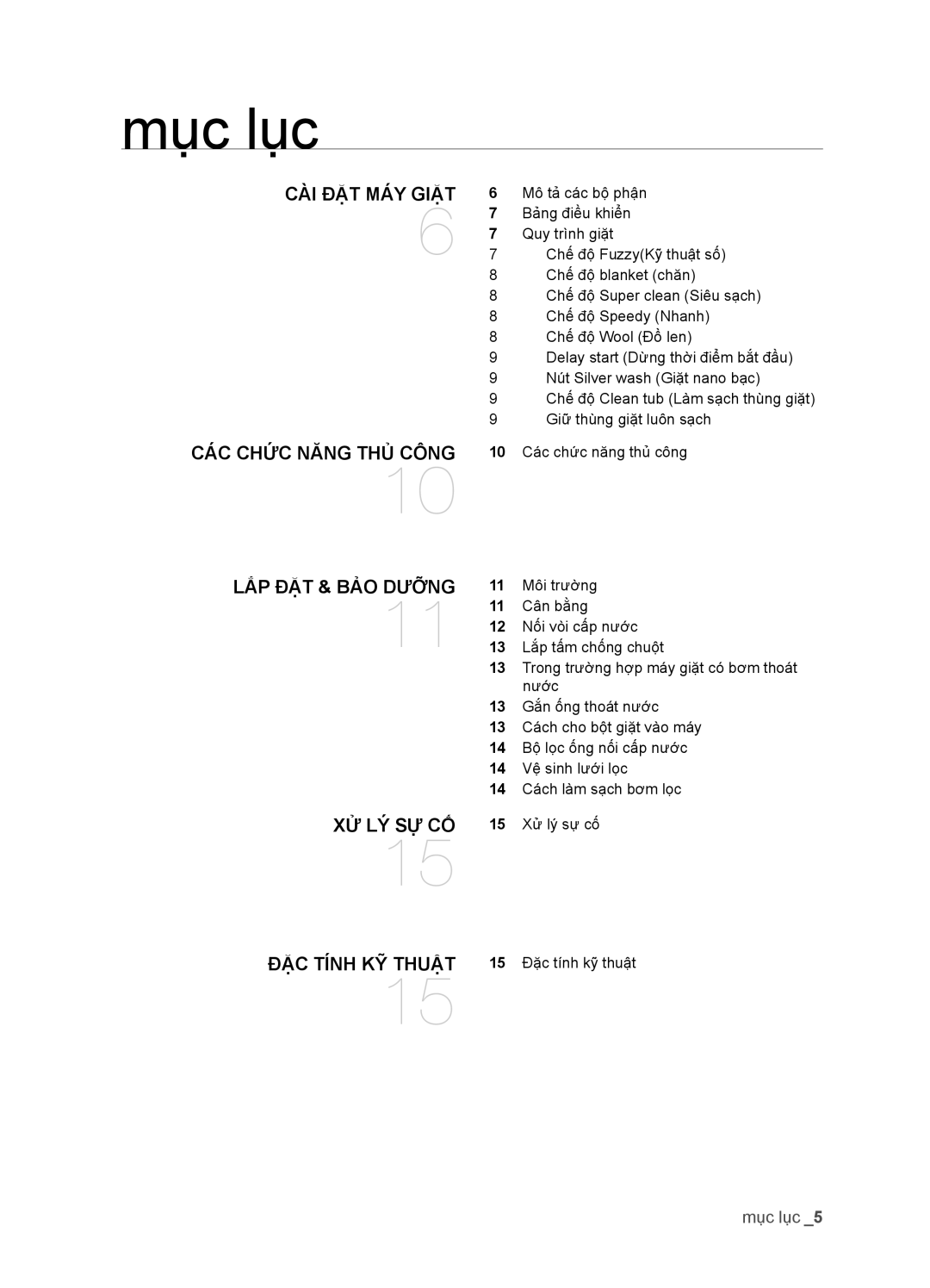 Samsung WA95FAB1U/XSV, WA95FAB1/XSV, WA95FAG1U/XSV, WA95FAG1/XSV manual Mục lục 