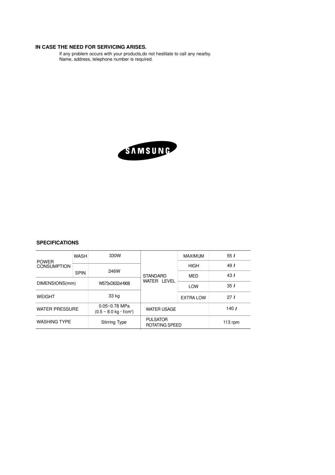 Samsung WA95FAB1U/XSV, WA95FAB1/XSV, WA95FAG1U/XSV, WA95FAG1/XSV manual Case the Need for Servicing Arises, Specifications 