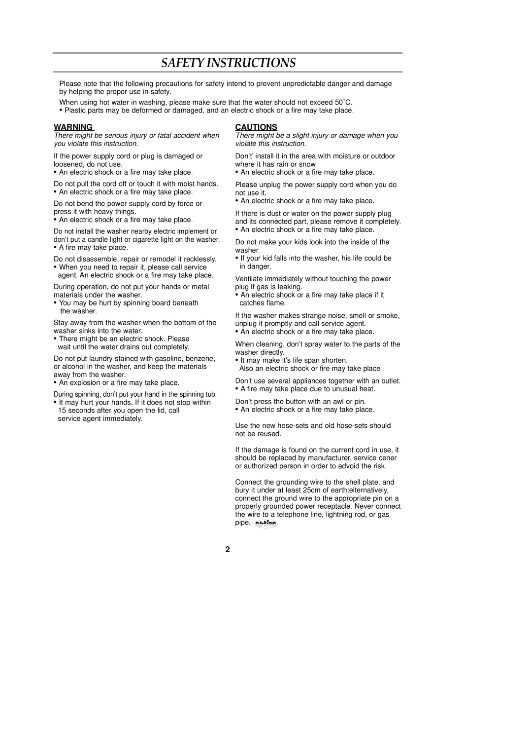 Samsung WA95FAG1/XSV, WA95FAB1/XSV, WA95FAB1U/XSV, WA95FAG1U/XSV manual Safety Instructions 