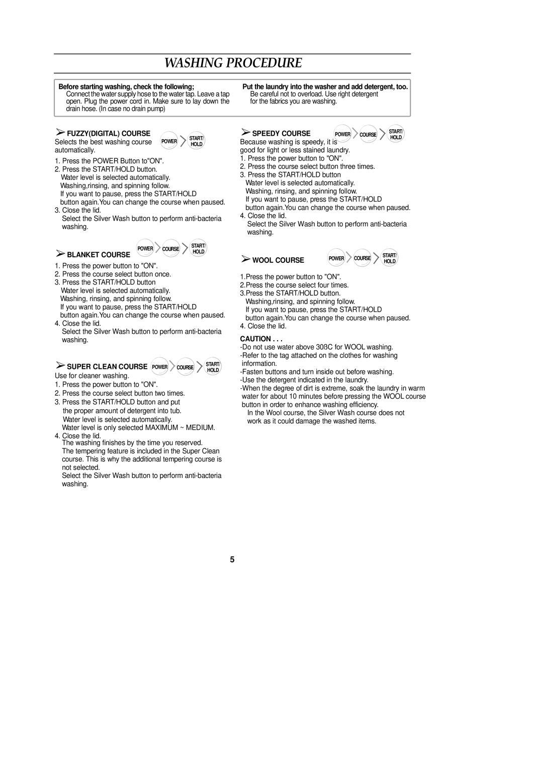 Samsung WA95FAG1U/XSV, WA95FAB1/XSV, WA95FAB1U/XSV, WA95FAG1/XSV manual Washing Procedure 