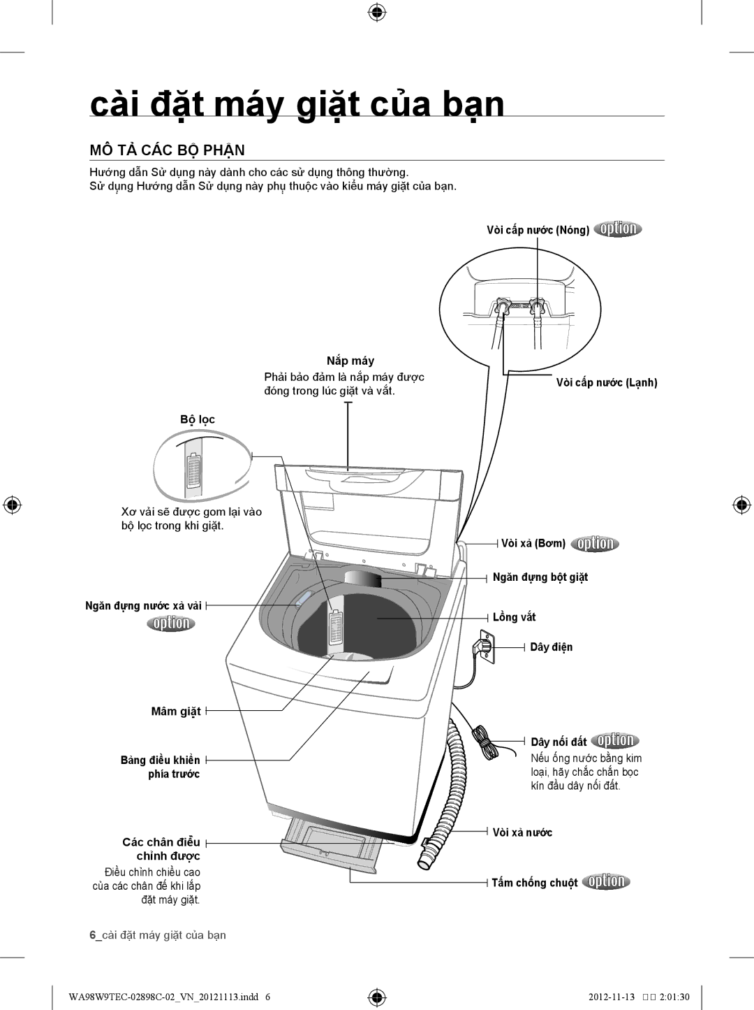 Samsung WA95G5WEC/XSV, WA98G9MEC1/XSV, WA98W9TEC/XSV manual Cài đặt máy giặt của bạn, Các chân điề̀u chỉnh được Vò̀i xả̉ nước 