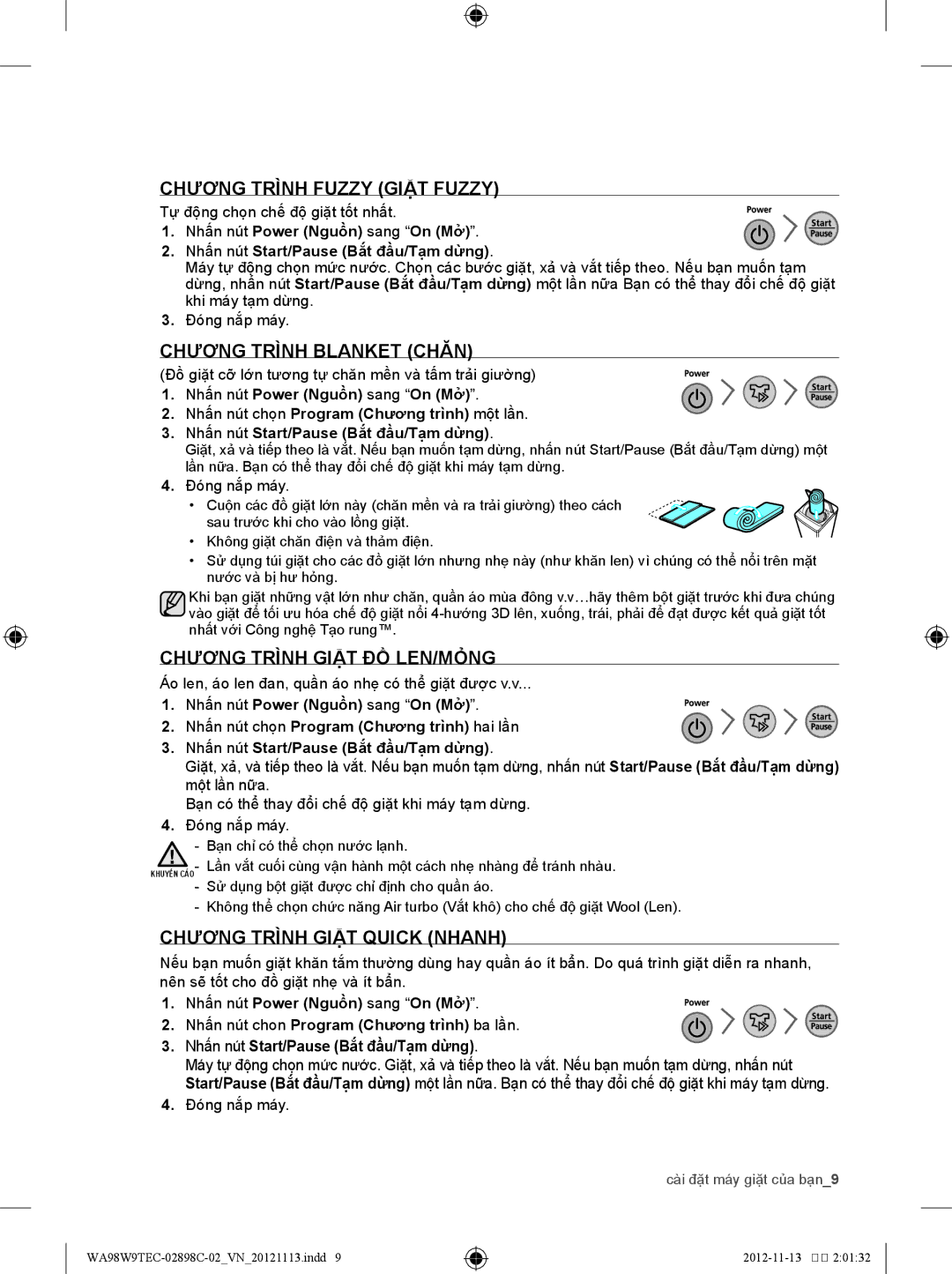 Samsung WA98W9TEC/XSV manual Chương Trình Fuzzy Giặt Fuzzy, Chương Trình Blanket Chăn, Chương Trình Giặt ĐỒ LEN/MỎNG 