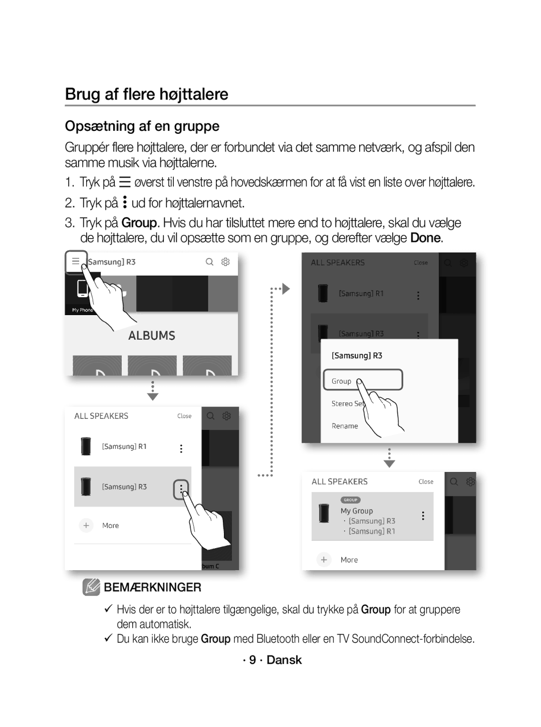 Samsung WAM1400/XE manual Brug af flere højttalere, Opsætning af en gruppe, Tryk på ud for højttalernavnet, · 9 · Dansk 