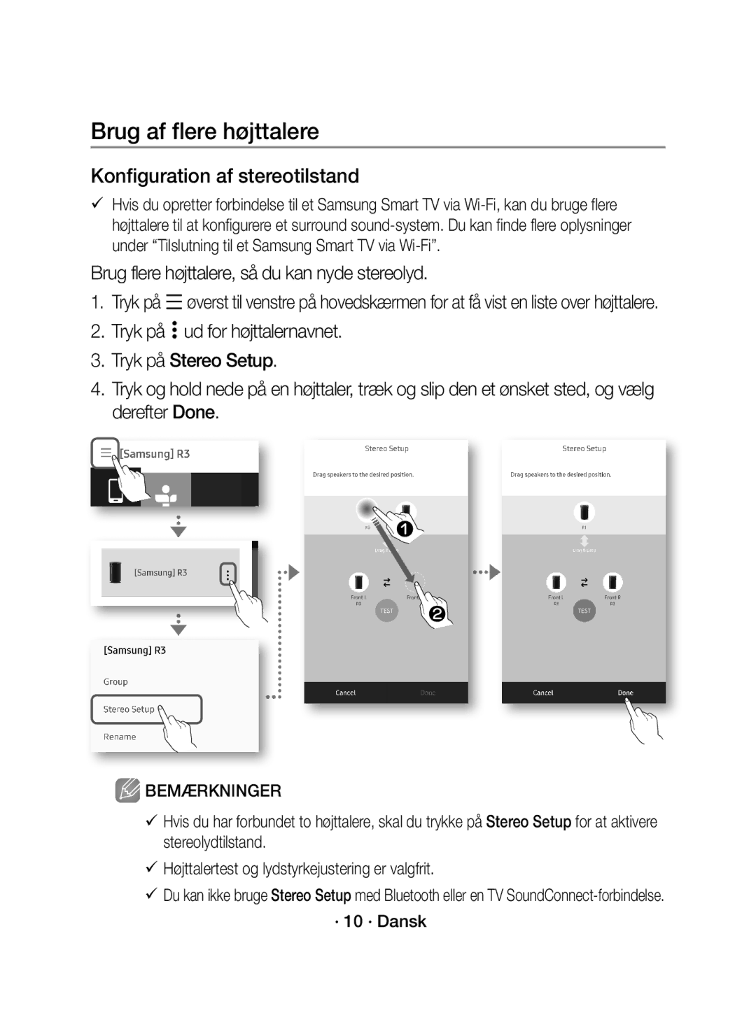 Samsung WAM1400/XE manual Konfiguration af stereotilstand, Brug flere højttalere, så du kan nyde stereolyd, · 10 · Dansk 